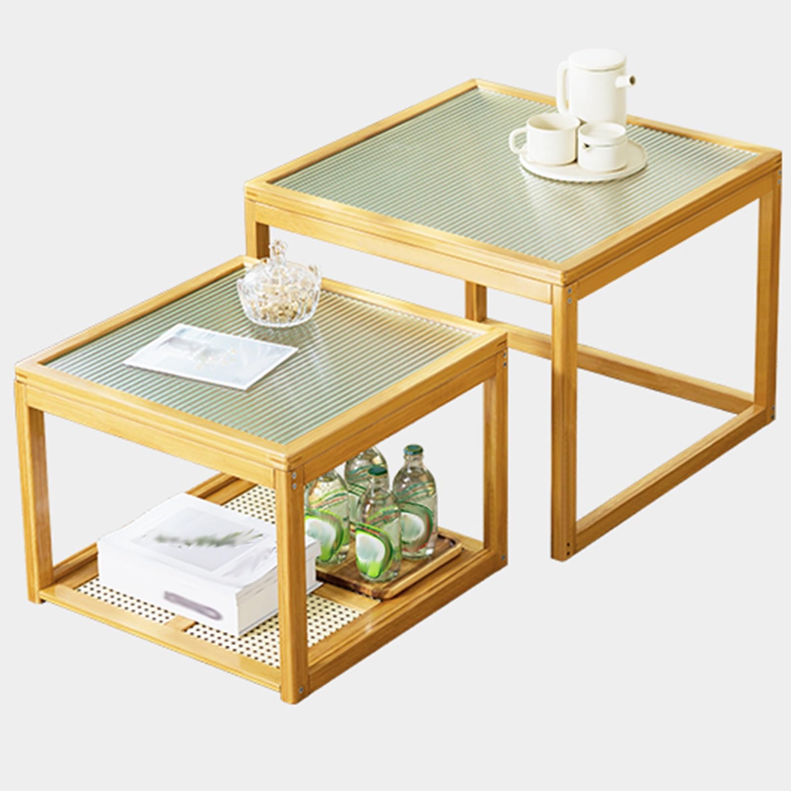 SXZenSpace Nesting Coffee Table Set of 2, Square Stacking with Tempered Glass Finish and Bamboo Frame, Farmhouse Table, Side Tables for Living Room Bedroom Balcony(Natural)