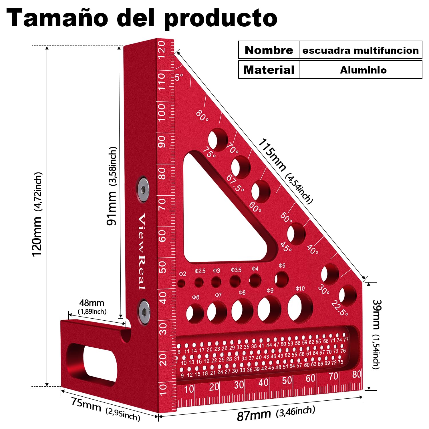 Escuadra Carpintero 3D 22.5-90 Grados Multiángulo Aleación de Aluminio Escuadra Rapida Herramientas de Medición, Falsa Escuadra Multifunctional Carpintería Regla de Medición para Carpintero