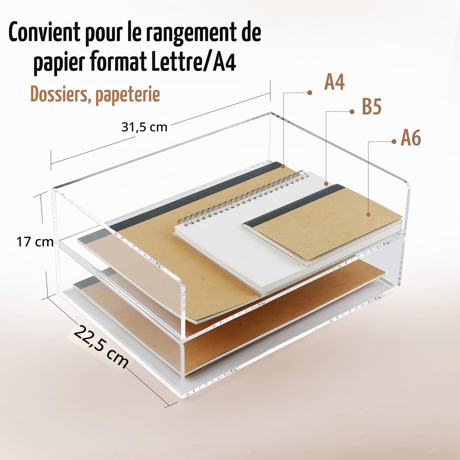 4 Couches Organisateur de classement de fichiers, Acrylique Organiseur de Bureau Transparent, Rangement Stable, Corbeille à courrier empilable, pour Le Bureau, l'école, la Maison.