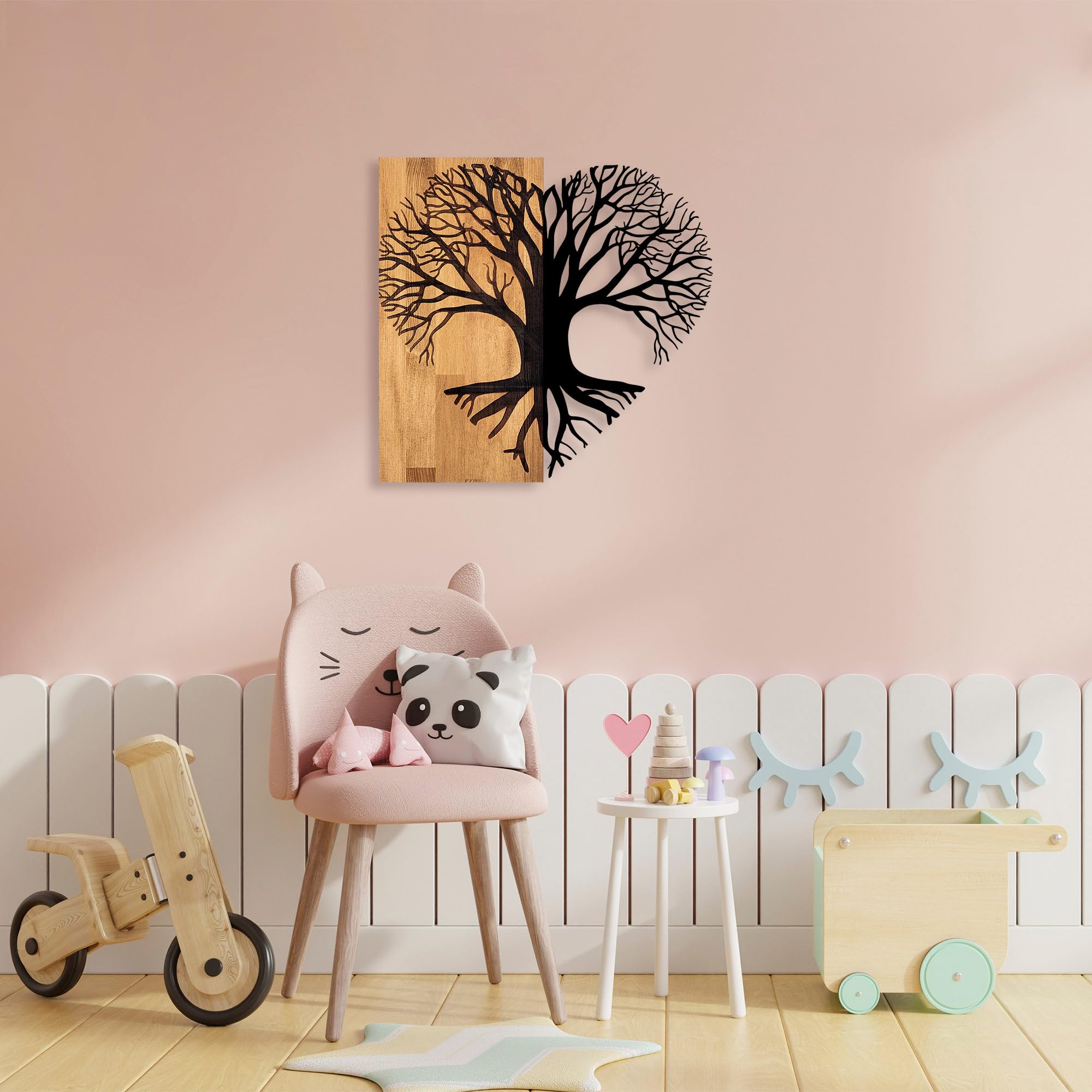Elegant Decorative Wooden Wall Accessory, 58 x 60 cm, 50% Wood (3 cm Thick) & 50% Metal, Unique Walnut & Black Finish, Perfect for Modern Decor