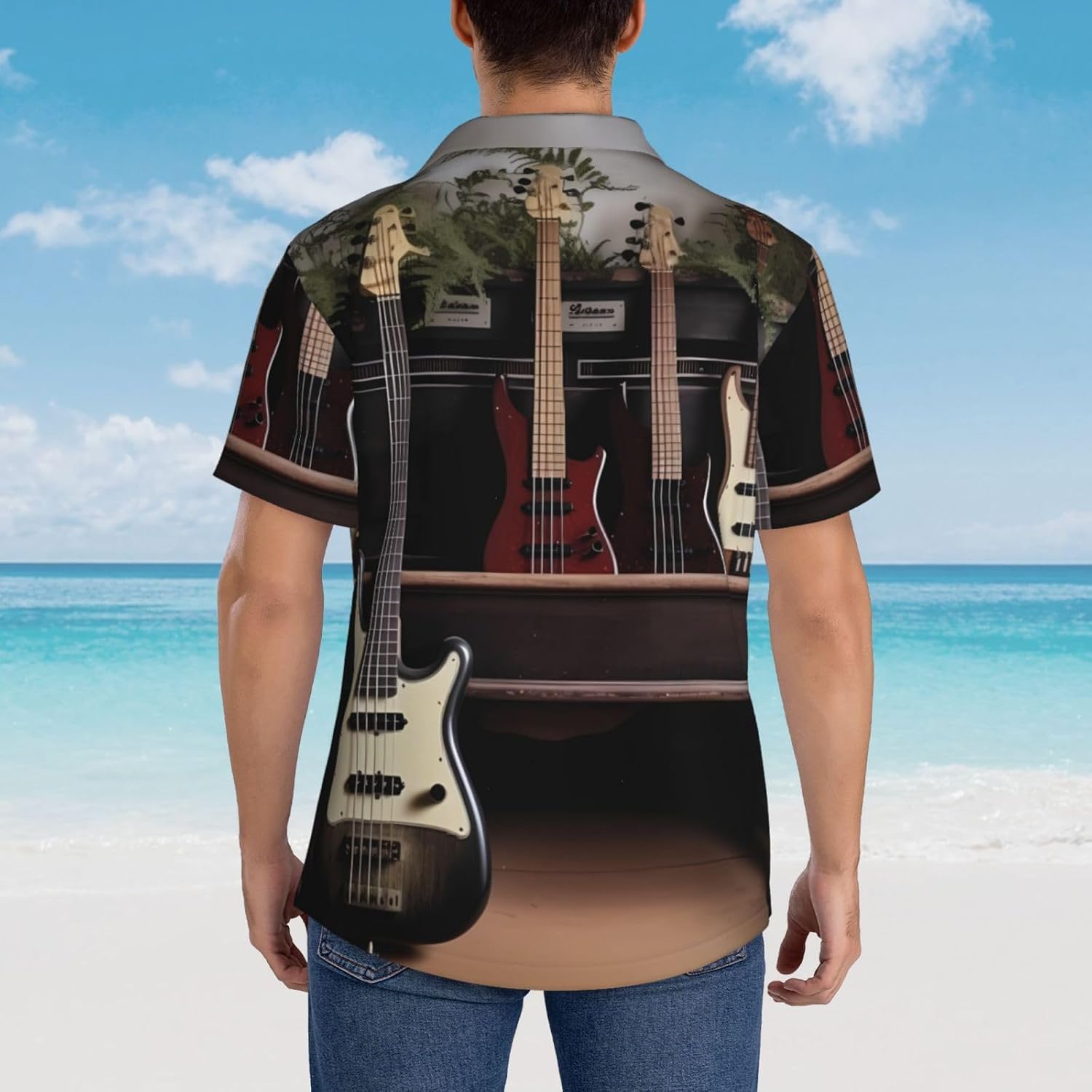 Guitar Bass Music Musical Instruments Hawaiian Shirt for Men Button Down Short Sleeve Casual Tropical Tops
