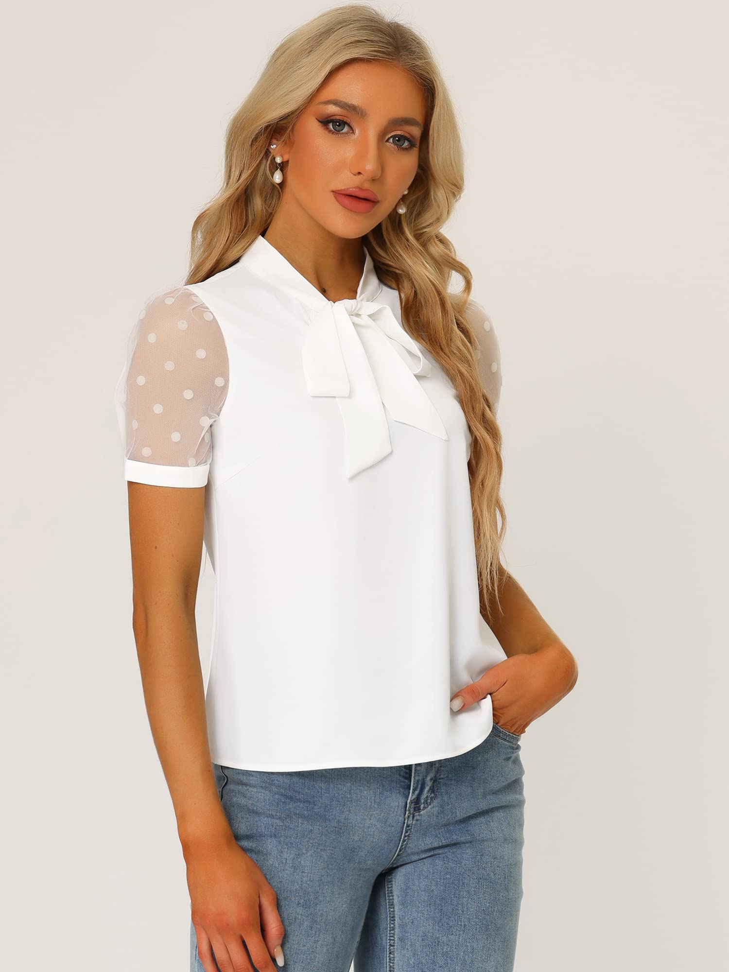 Allegra K Camicetta da donna con scollo a V e collo a fiocco e maniche corte in rete