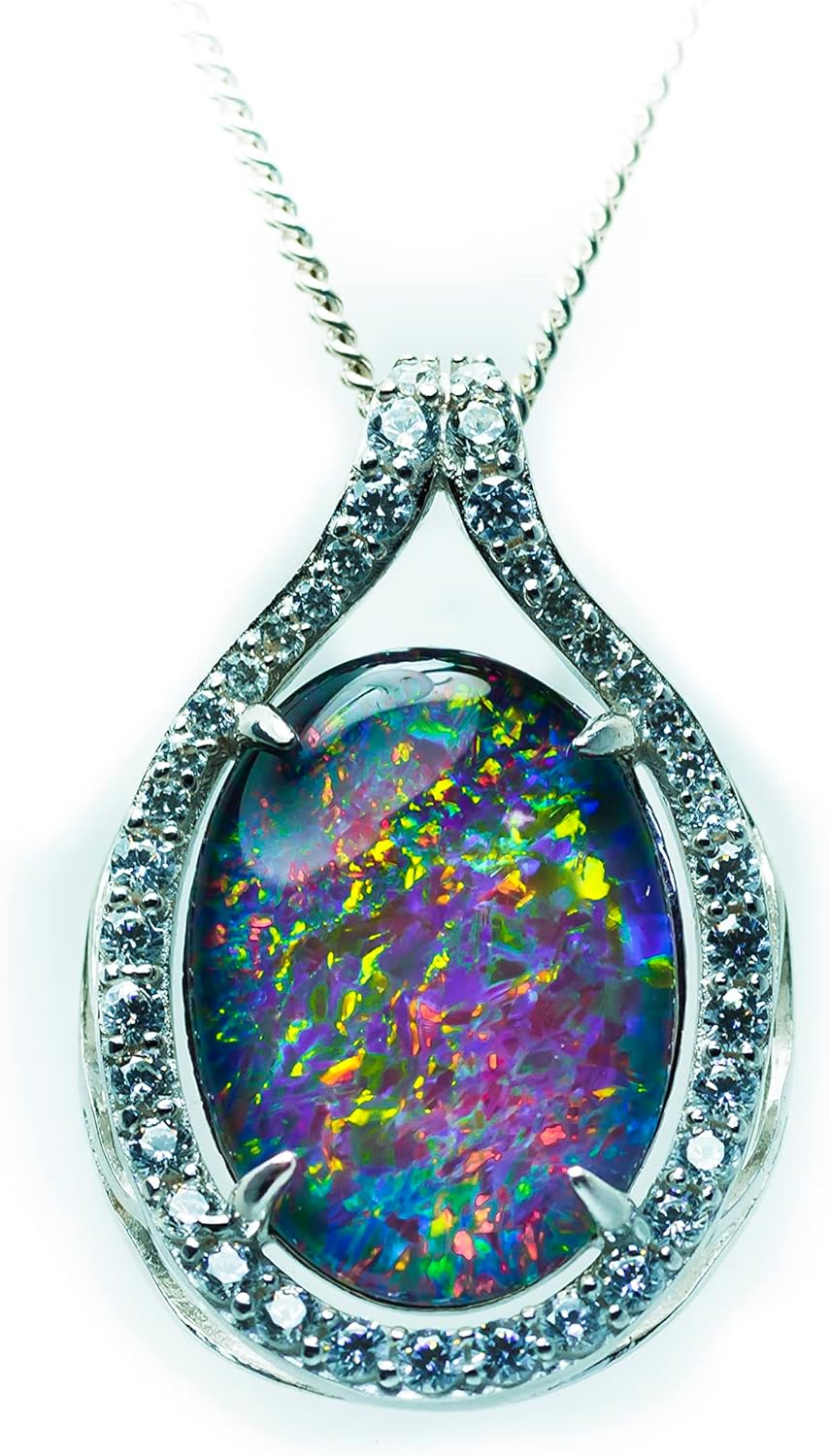 Australian Fire Opal Necklace - Large Genuine Australian Triplets Opal Necklace Pendant White Gold Plated on Sterling Silver Women's Jewelry