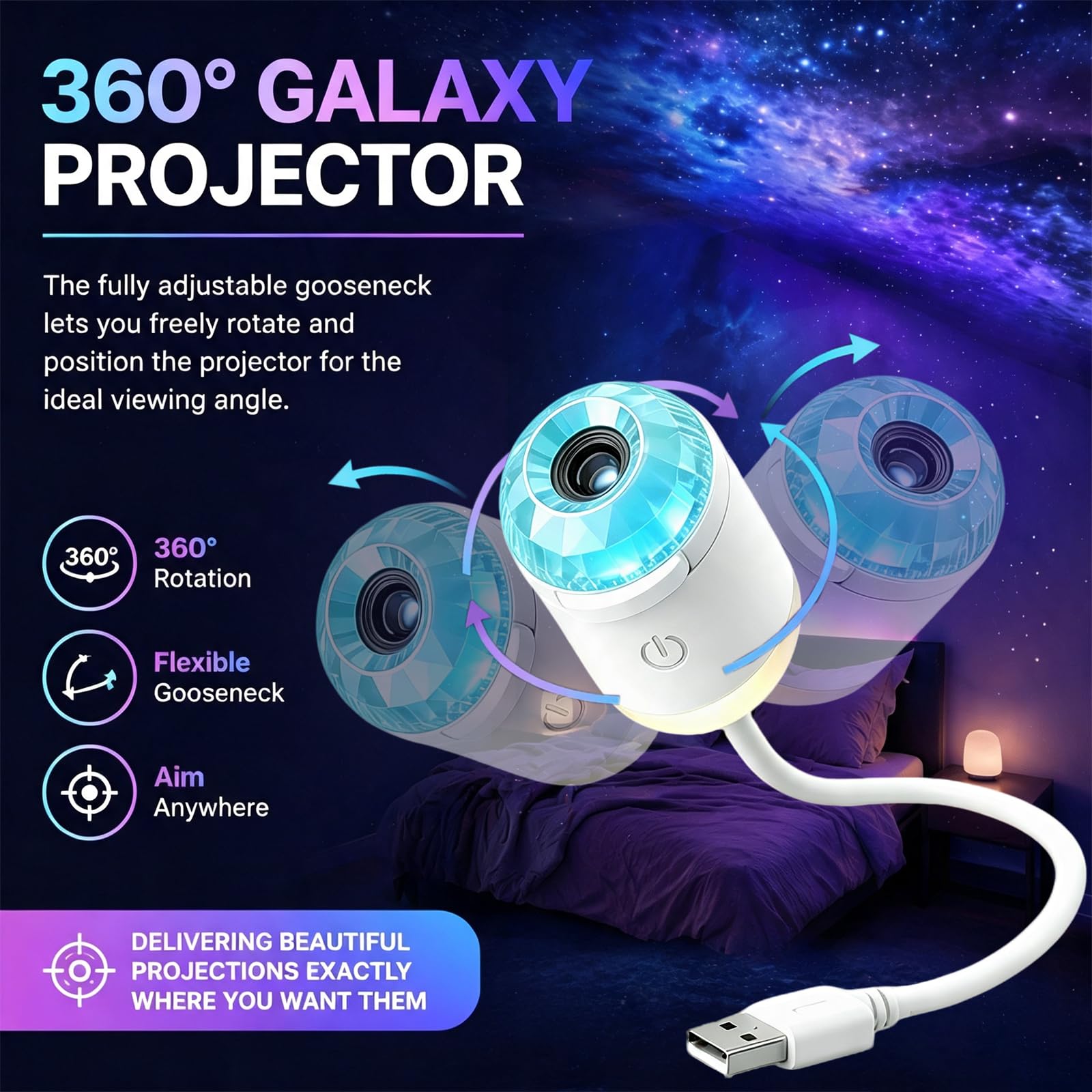 Proiettore di luce notturna 2 in 1 con 24 pellicole di proiezione, cistal blu luminosità regolabile 360° Plug and Play USB portatile Mini LED
