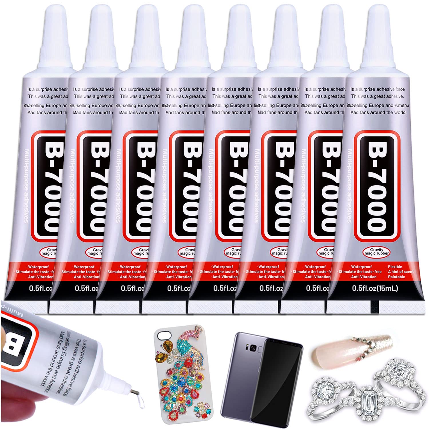 8pcs x15ML B7000 Jewelry Rhinestones Glue, B-7000 Clear Super Glue Transparent Industrial Adhesive for Phone Repair Jewelery Making Crafts Gem Fabric