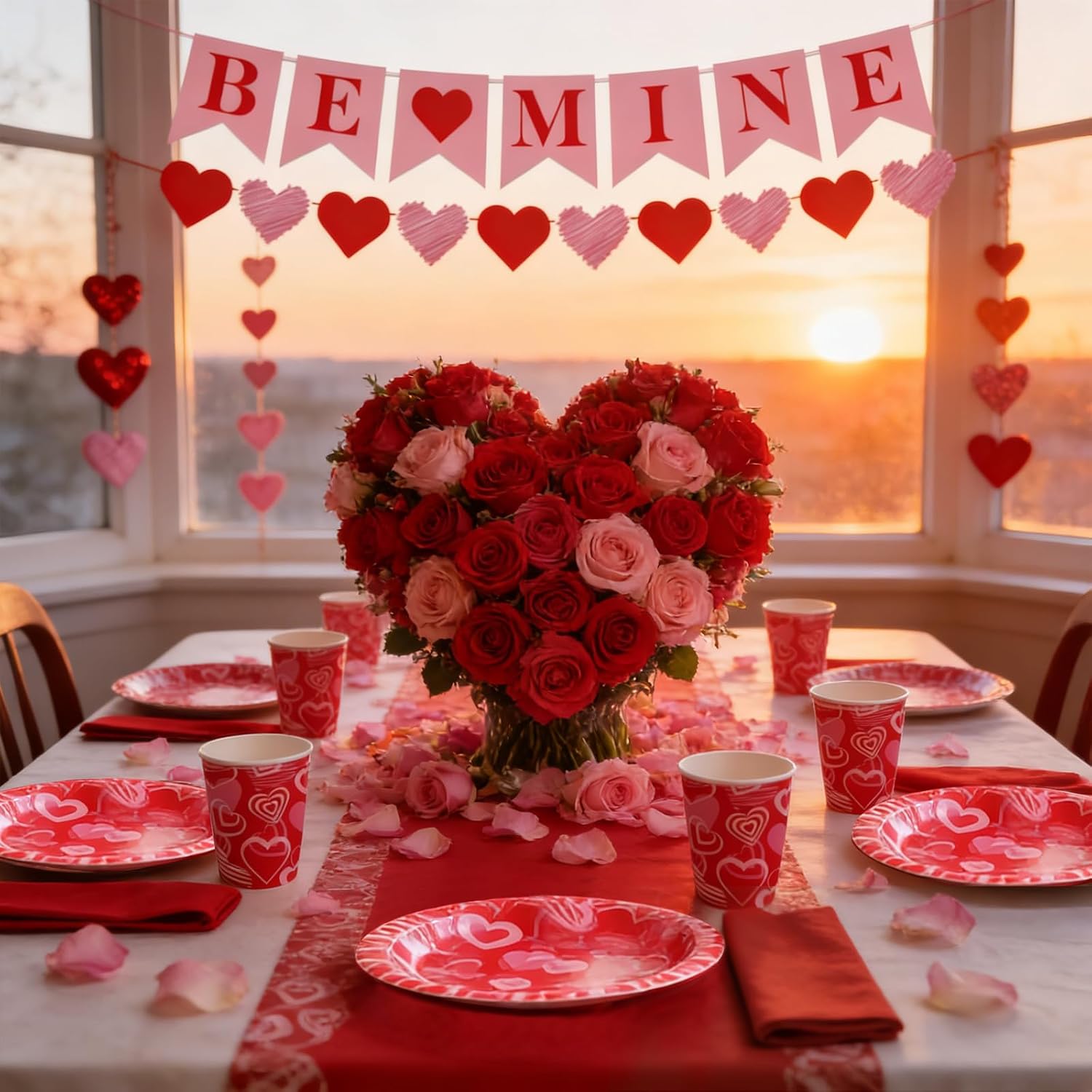Valentine's Day Party Tableware Set for 24 – Heart Pattern Paper Plates, Cups, Napkins, Tablecloth & Be Mine Banner – Romantic Disposable Party Supplies for Couples, Adults image 2
