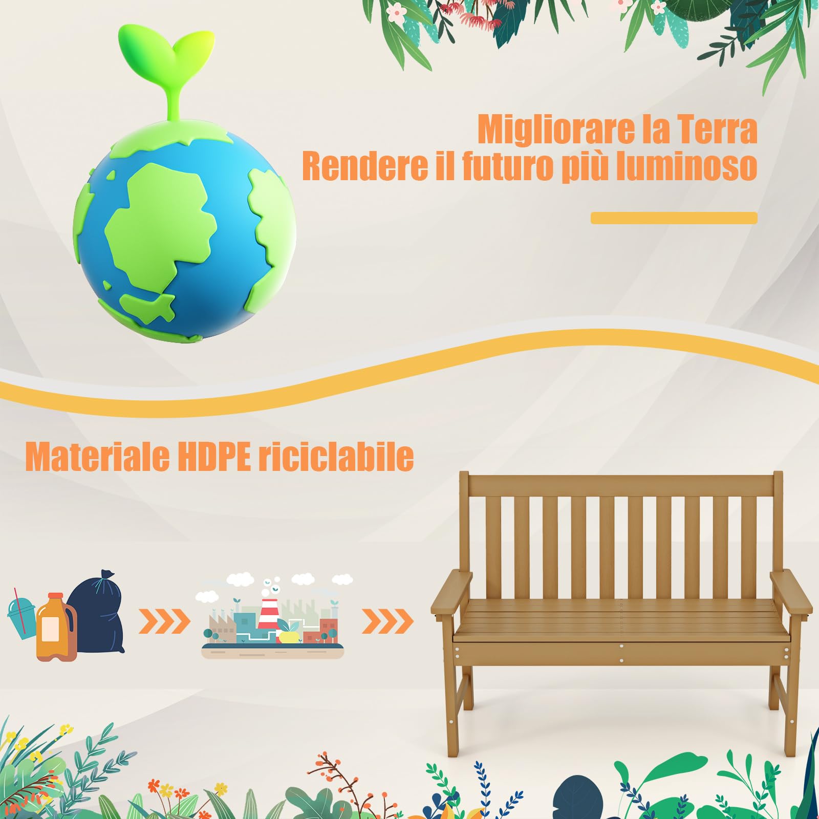 COSTWAY Panchina da Esterno in HDPE Resistente, Portata 320 kg, Naturale | Panca da Giardino con Schienale e Braccioli, Panchina da Parco, Balcone, Spogliatoio e Cortile, 132 x 65 x 91 cm