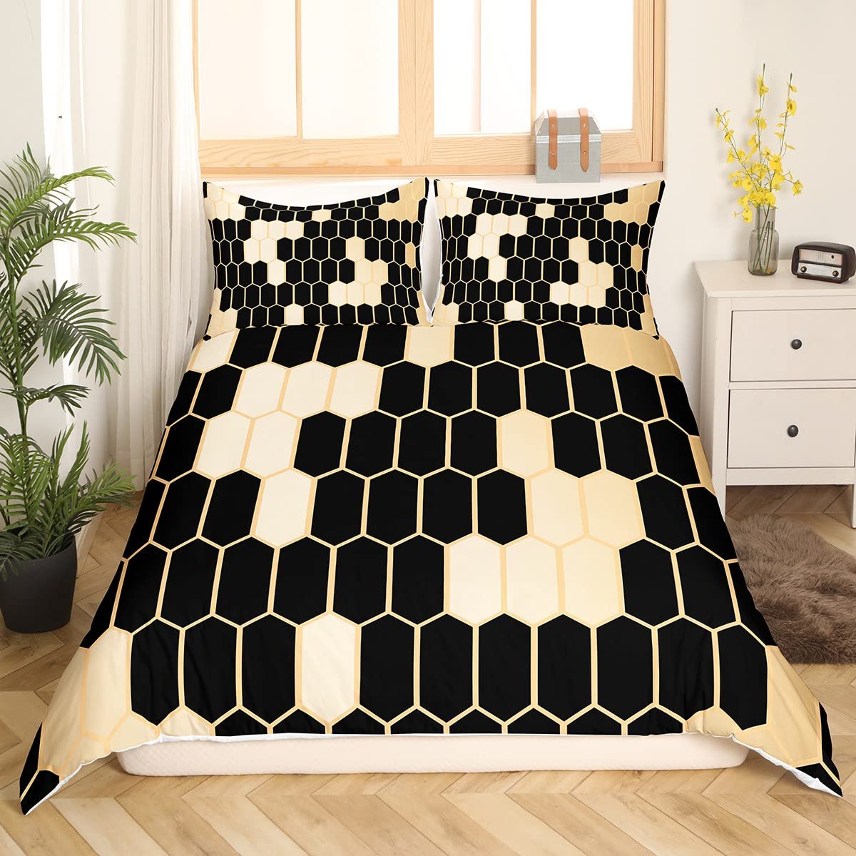 Homemissing Honeycomb Comforter Cover for Girls Boys Kids Hexagonal Bedding Set Room Decorative Geometric Duvet Cover Golden Black Pattern Bedspread Cover Super King Size 3Pcs Bedclothes — image 1