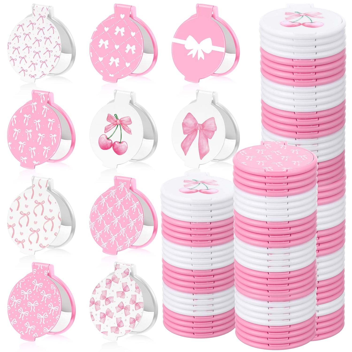 100 Pcs Pink Bow Compact Mirror Bulk 2.8‘' Christmas Mini Gift for Women Stocking Stuffer Coquette Party Favor Preppy Makeup Supply Purse Folding Pocket Mirror Bridal Baby Shower Quinceañera Xmas Gift