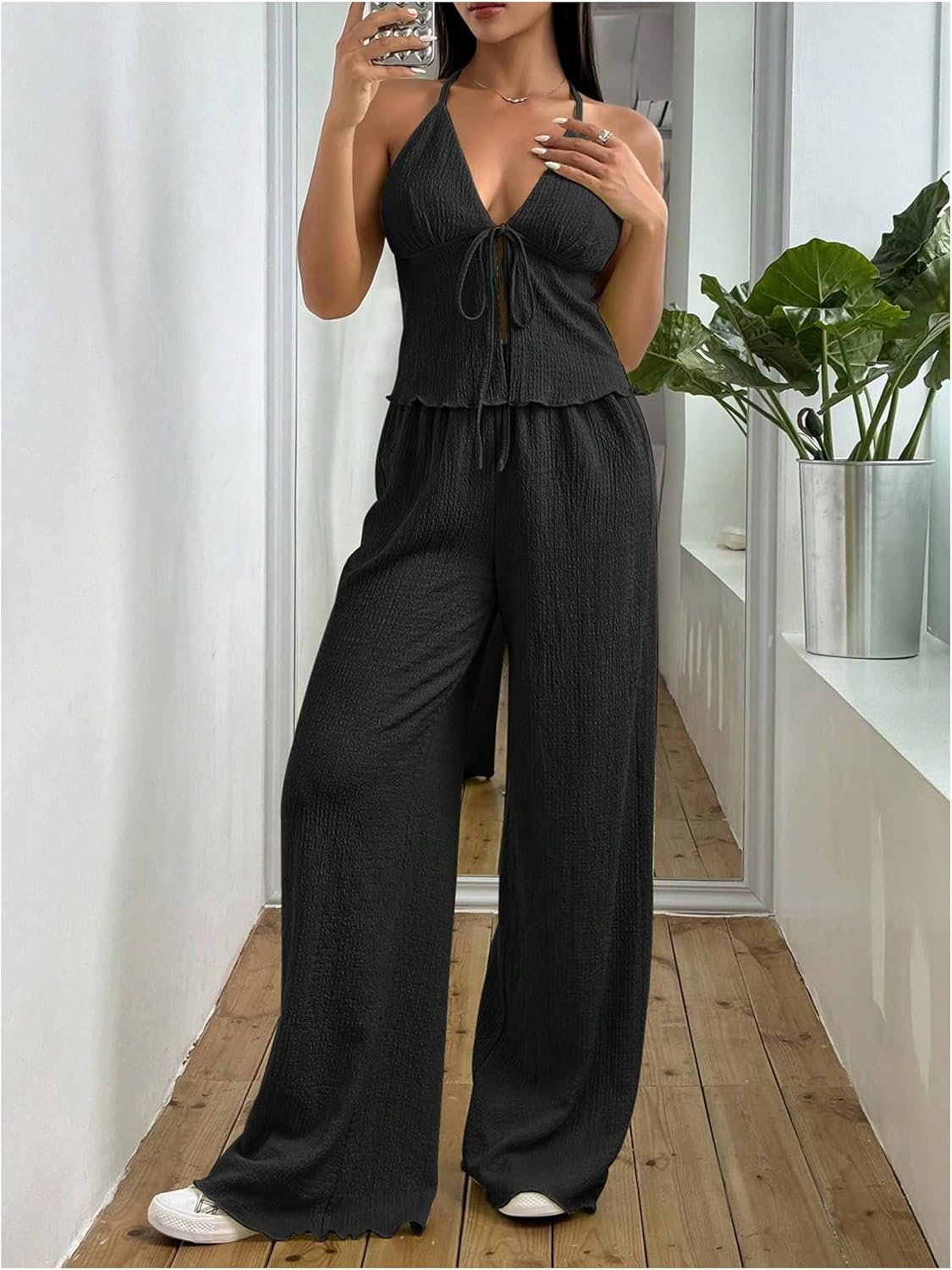 SOLY HUX Women's Sexy 2 Piece Outfits Sleeveless Halter Top and Wide Leg Pants Set - Image 4