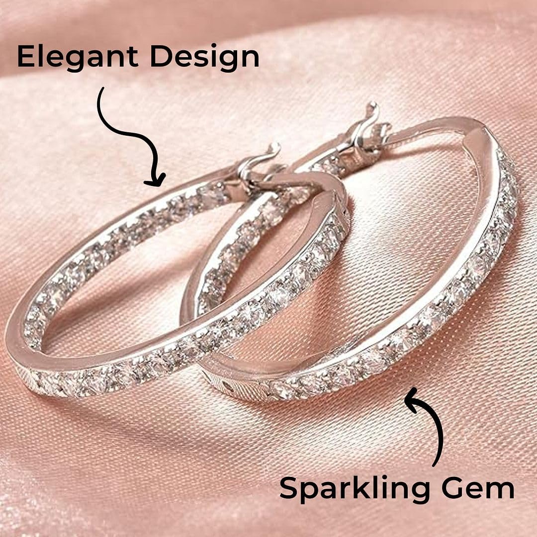 925 Sterling Silver Cubic Zirconia Hoop Earrings for Women - CZ Hoop Earrings for Women Rhodium Plated Inside Out Hoop Earrings - Engagement Unique Cute Christmas Gifts for Her - Image 4