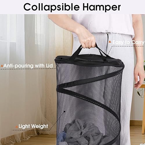 Miniatura 5 de BATTOO Cesta plegable grande para la ropa sucia con tapa, cesta plegable de malla desplegable con asas para lavandería, baño, habitación de los