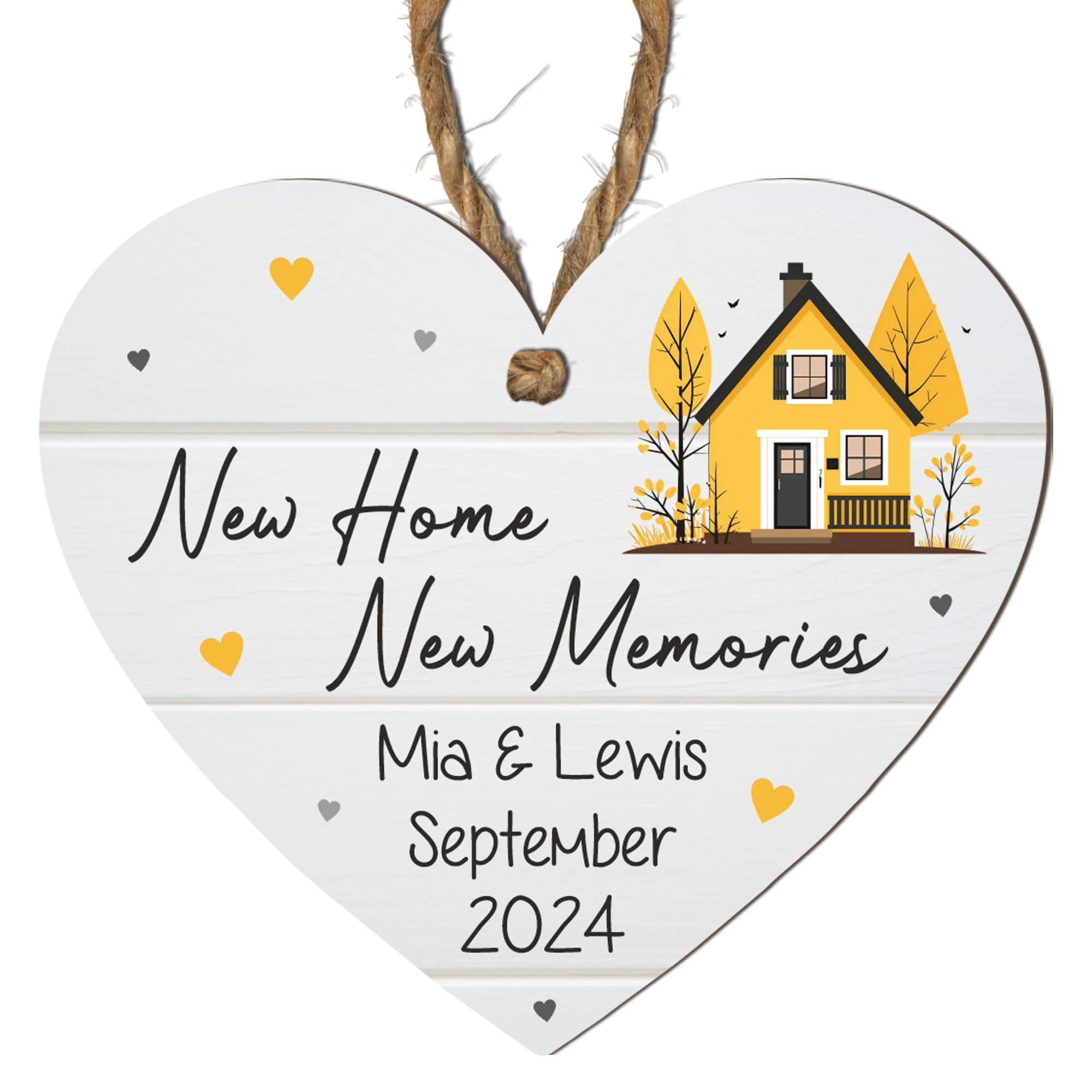 New Home, New Memories Personalised Heart Plaque - Customise with Names and Date - Perfect for Housewarming Gifts or Home Décor (Yellow House, Mdf Wood Indoor Use Only)