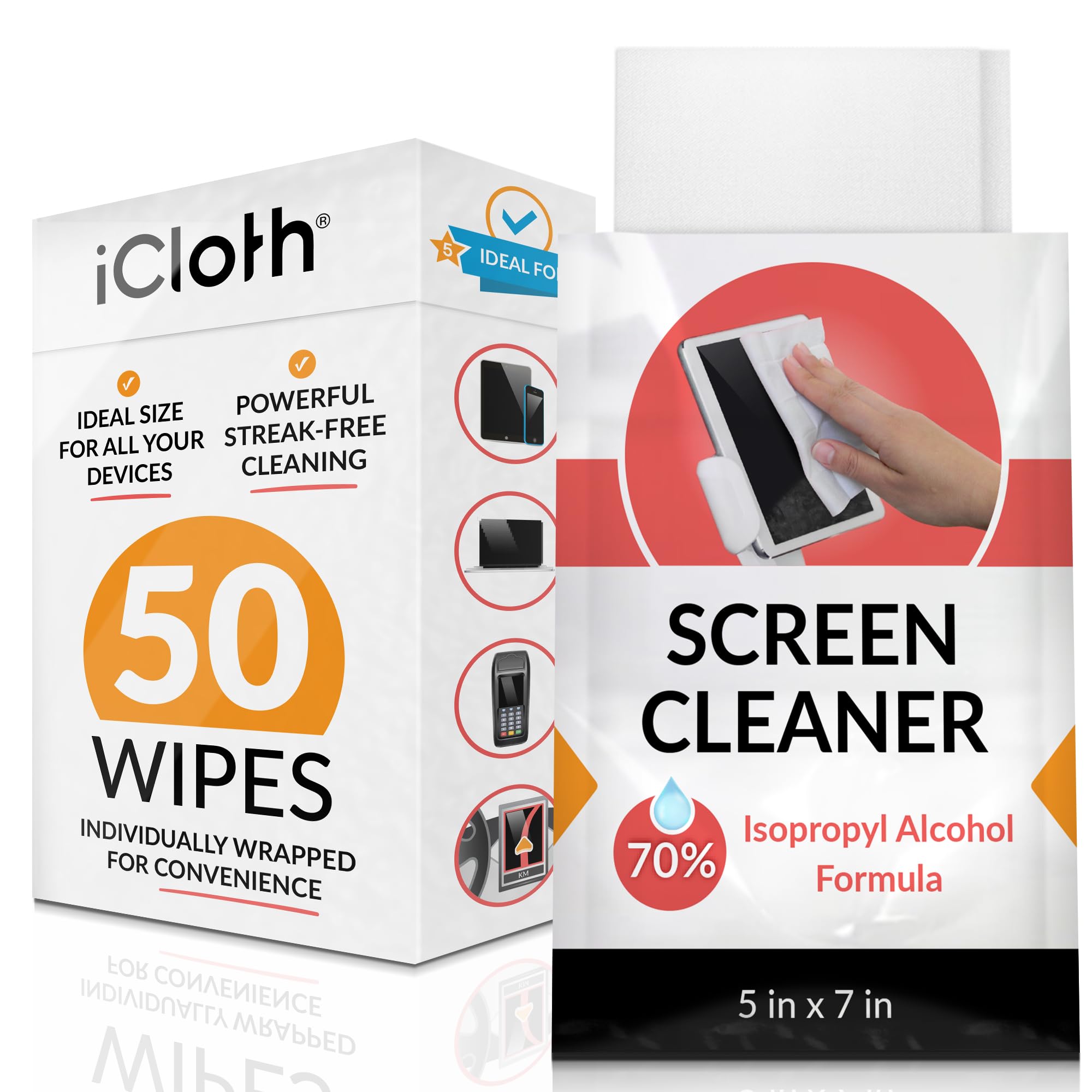 iClothiCloth 70% Isopropyl Alcohol Large Screen and Electronics Wipes, Lint-Free, Streak-Free, Fast-Drying, Removes Dust and Fingerprints (50 Wipes)