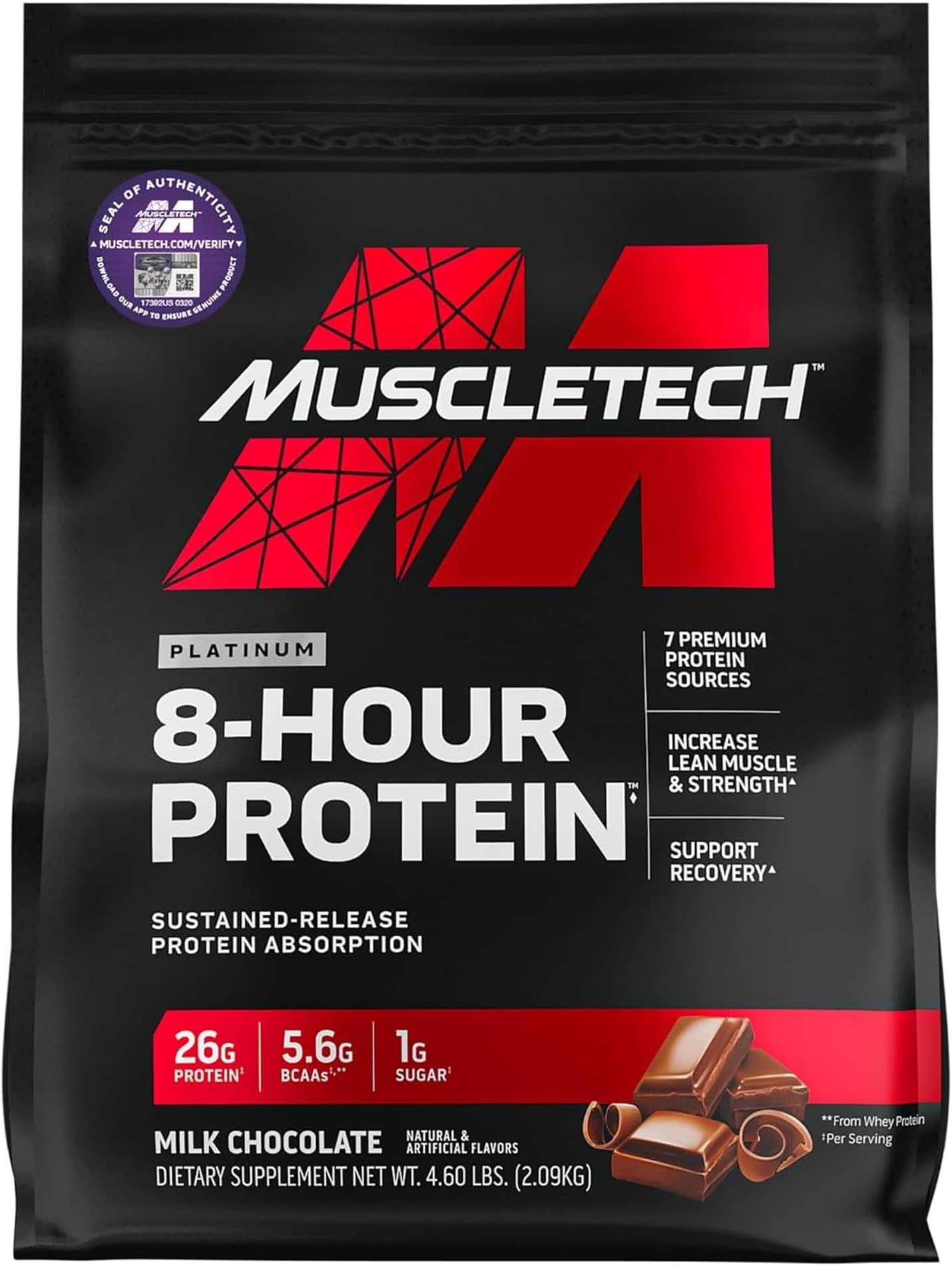 MuscletechPlatinum 8-Hour Sustained-Release Protein Absorption with Premium Blended High Biological Formula to Help Increase Muscle & Strength and Supports Recovery, Milk Chocolate Flavor 4.60 lbs