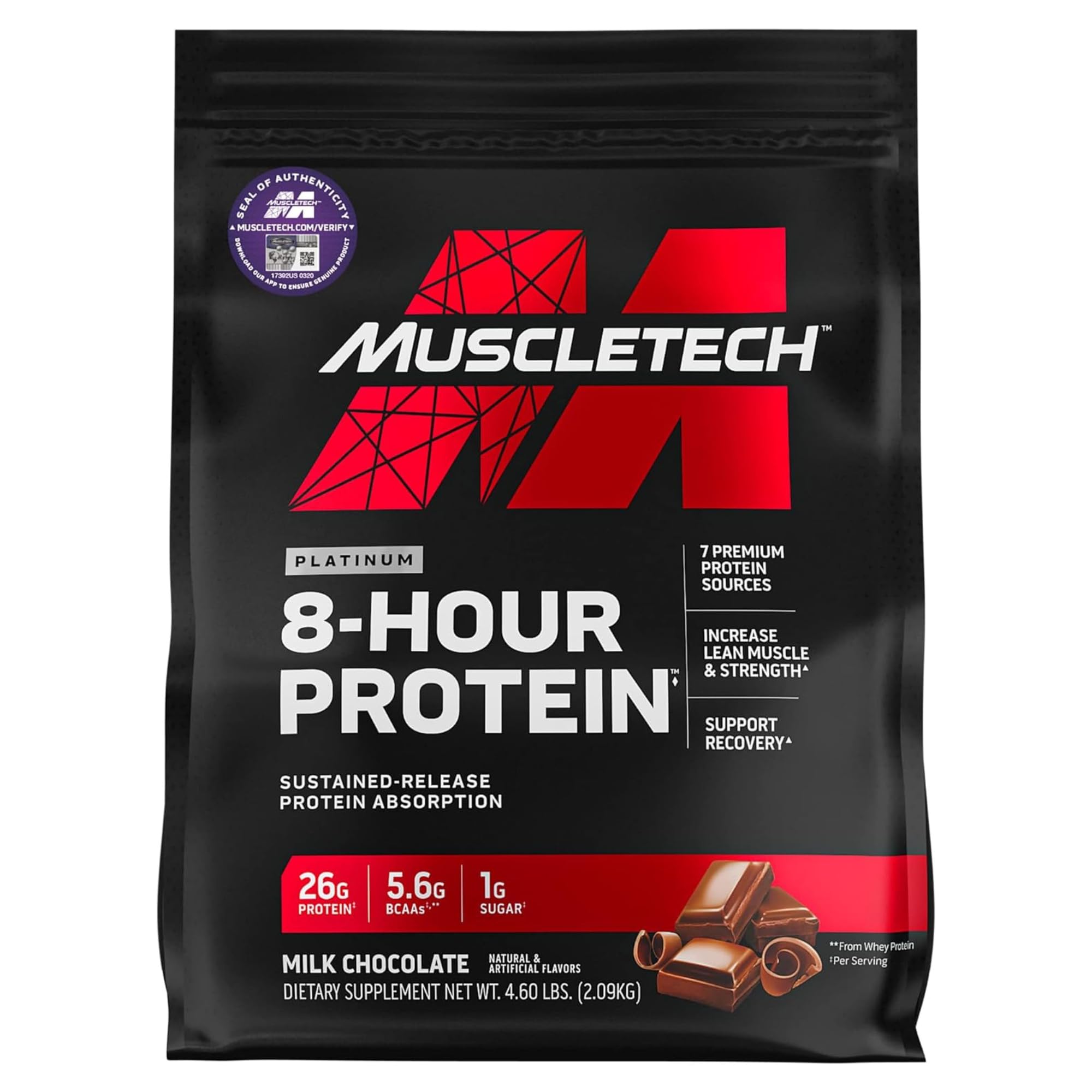 MuscletechPlatinum 8-Hour Sustained-Release Protein Absorption with Premium Blended High Biological Formula to Help Increase Muscle & Strength and Supports Recovery, Milk Chocolate Flavor 4.60 lbs