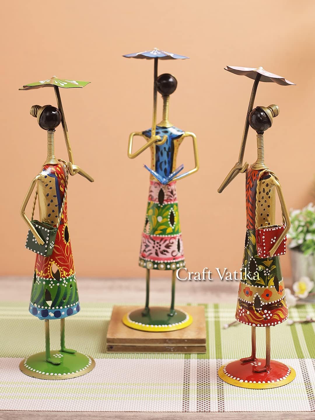 Metal Fashion Dolls with Umbrella Statue Decorative Showpiece Collectibles Figurine Items for Home Decor Living Room Bedroom Table Desk Decoration & Gifts ( Set of 3 )