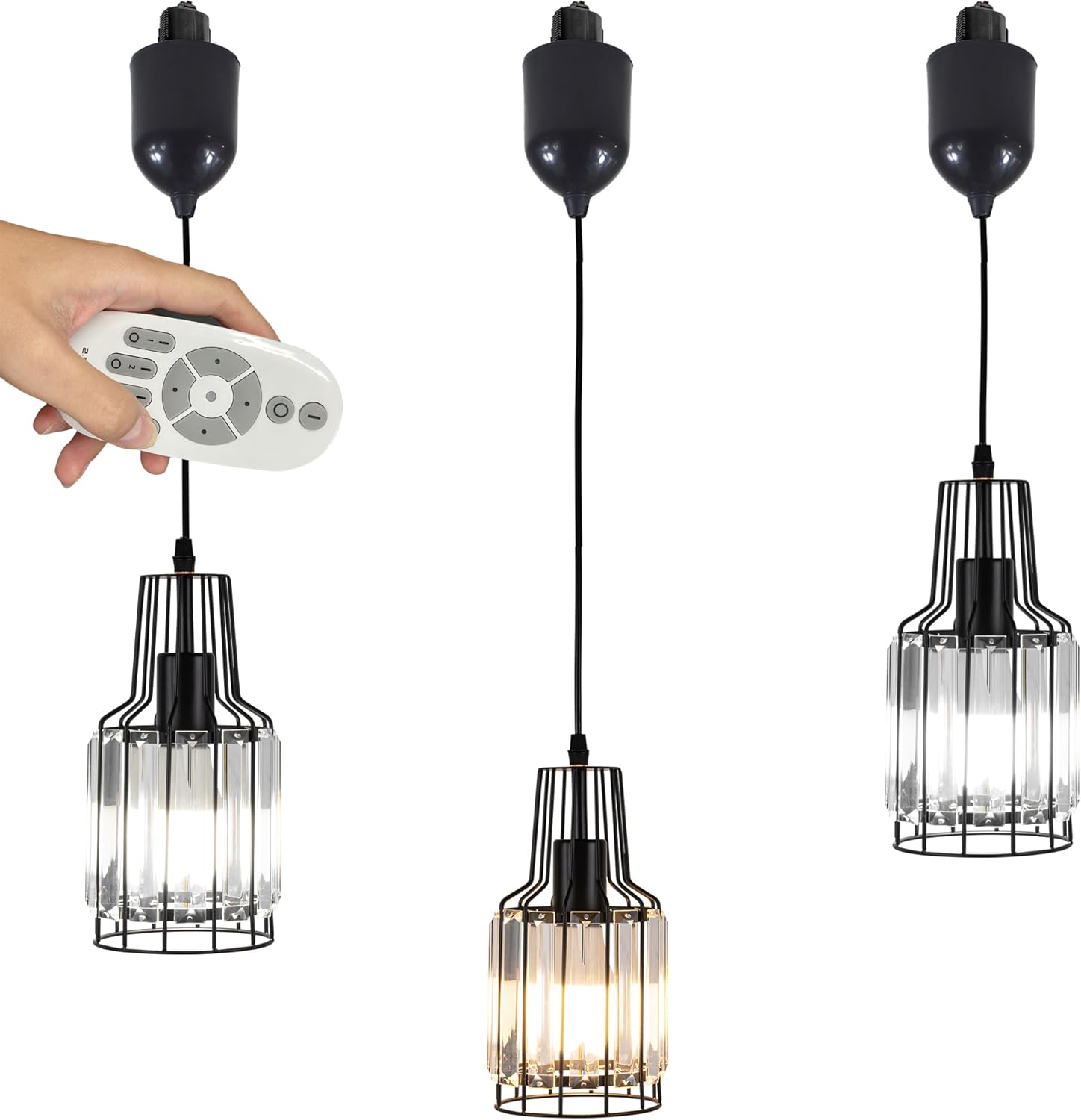 Height-Adjustable H-Type Track Light Pendants Clear Crystal Lampshade Track Mount Lift Pendants Vintage Stytle Customizable Remote Control with Stepless Dimming 3 Light,47.2in Wire