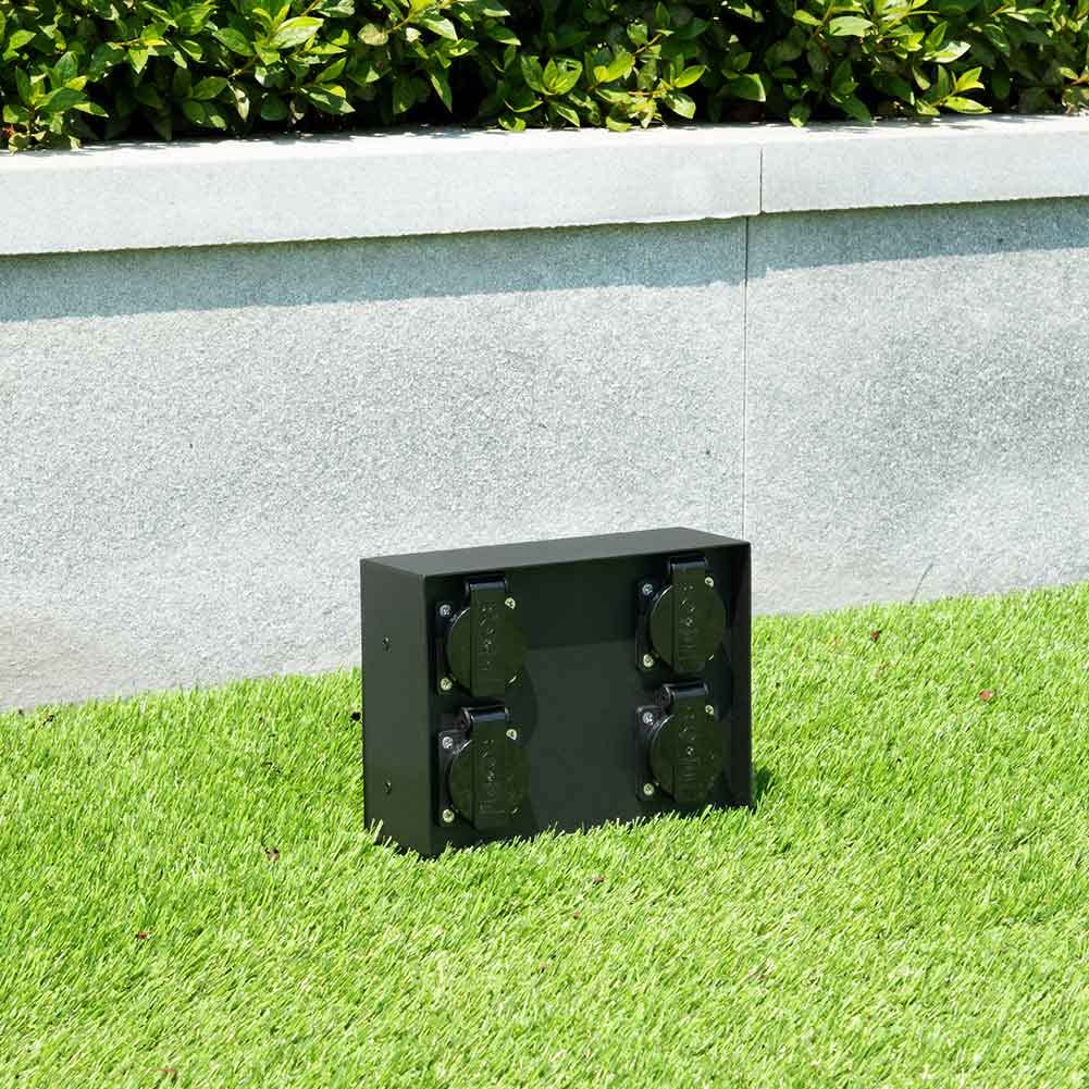 Bakaji Multiprise pour extérieur au sol et au mur, colonne prise électrique jardin, mât colonne 4 prises Shucko étanches IP44 avec porte structure en acier, couleur noir 20 x 7 x 16 cm
