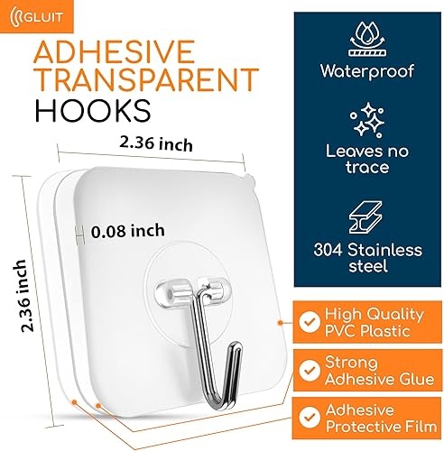Miniatura 3 de GLUIT Ganchos adhesivos de pared para colgar ganchos resistentes de 22 libras para paredes, sin daños, ganchos transparentes adhesivos para toallas