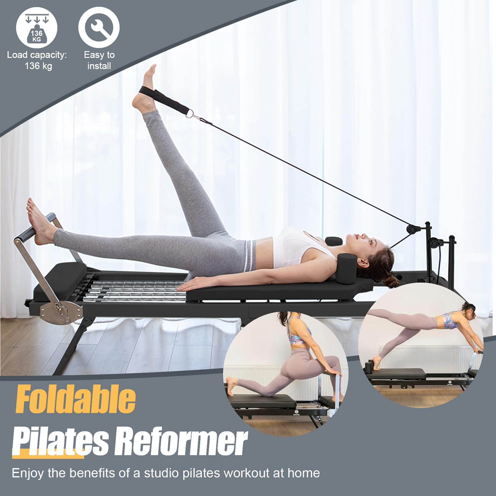 Riformatore di Pilates pieghevole, riformatore di pilates di casa,di allenamento core pilate regolabile - Capacità di peso di 300 libbre Macchina per i principianti e gli utenti intermedi