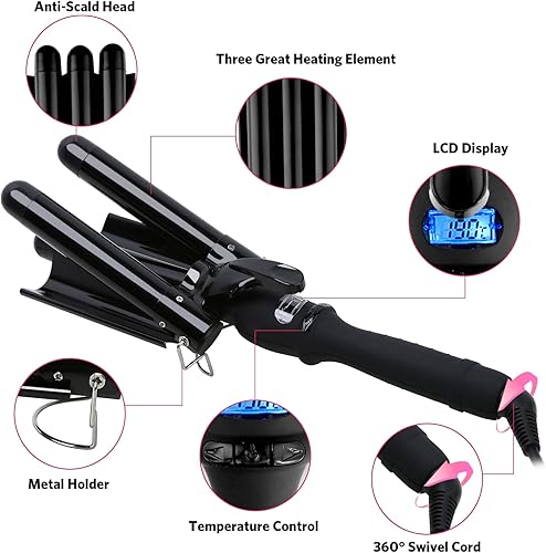 Miniatura 7 de Varita rizadora de 3 barriles con pantalla LCD de temperatura, rizador profesional de cerámica de 1 pulgada (negro)