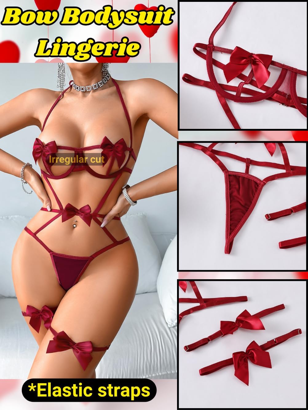 Kaei&Shi Womens Bow Lingerie Sets With Garter,Cutout Underwire Bodysuit Teddy