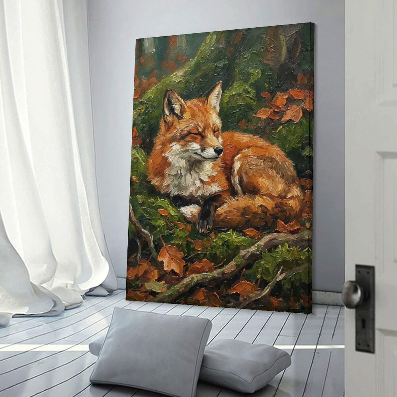 Junmoney Sleeping Fox in Autumn Forest Wall Art Print, 12x18inch(30x45cm), for Entryway, Lounge Links Or Small Walls, Decorative Wall Art for Narrow Spaces