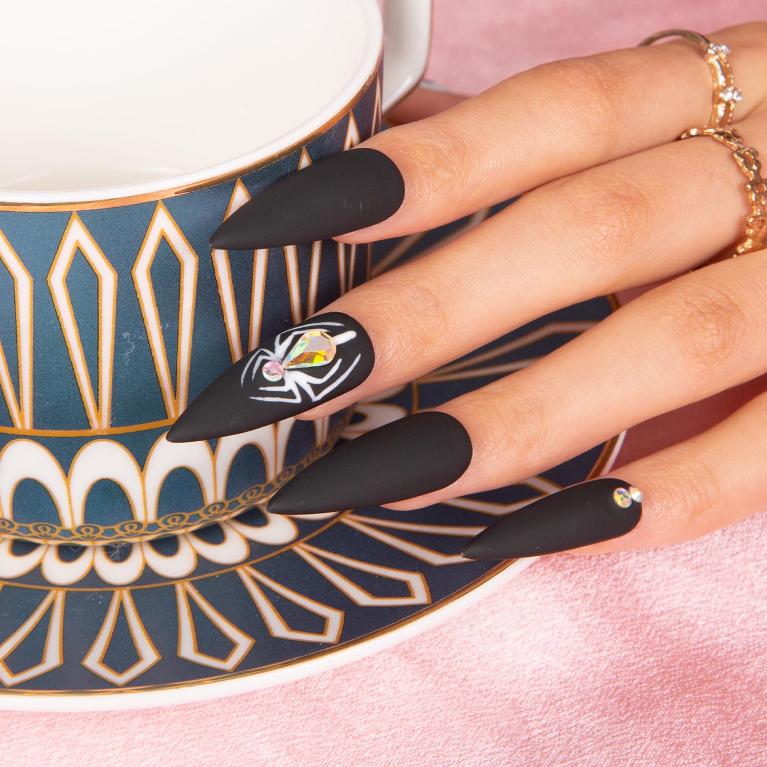 LOVFUL Press on Nails Itsy Bitsy Spider | Handmade with Full Covered Crystals | Reusable Full Cover Nails | Stiletto Classic Regular 1.3 in | H31-M