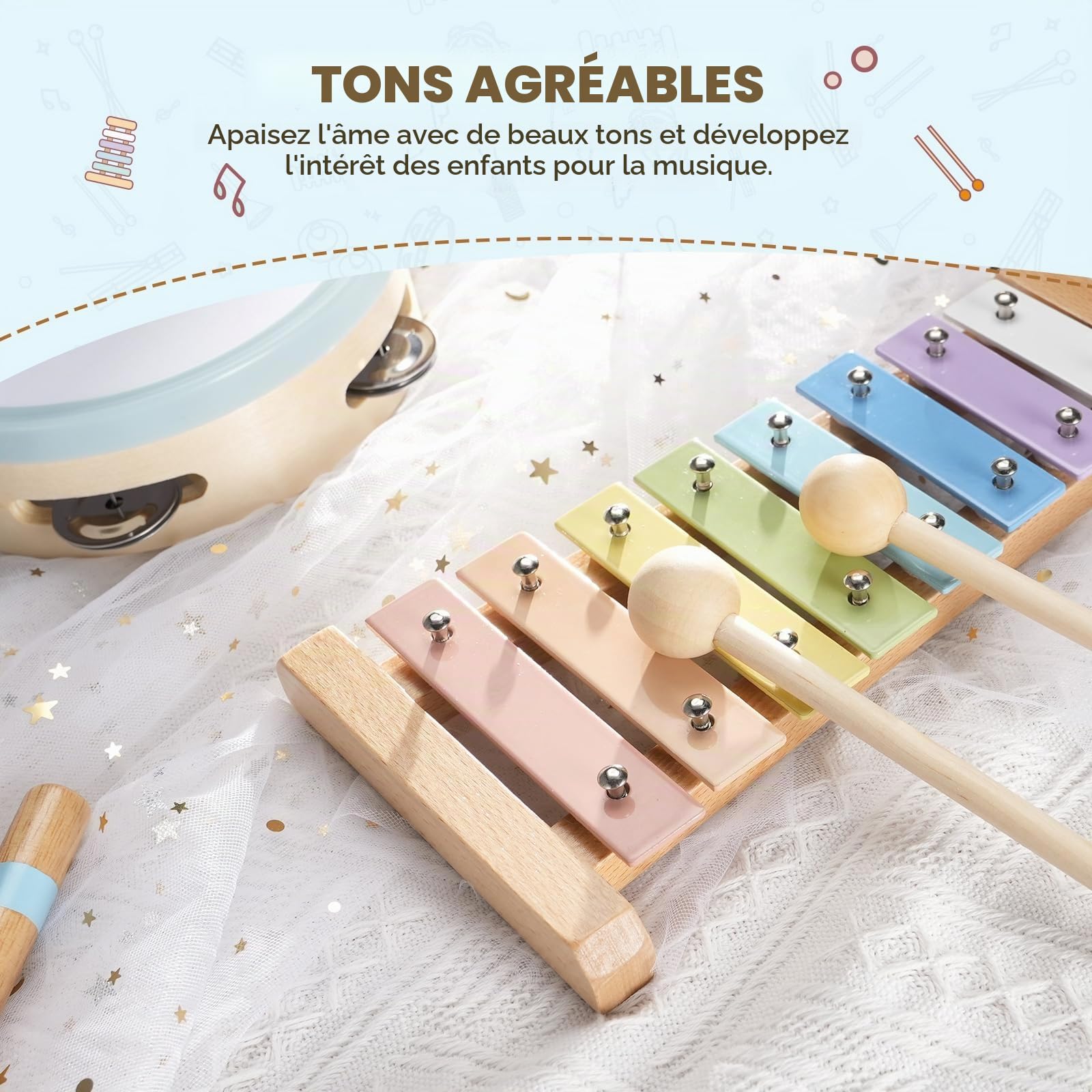 POGOLAB Instruments de Musique pour Enfant, Jouet en Bois Musicaux Montessori, Cadeau Garçons Filles 3, 4, 5 Ans, Instruments de Percussion avec Xylophone Tambour Maracas