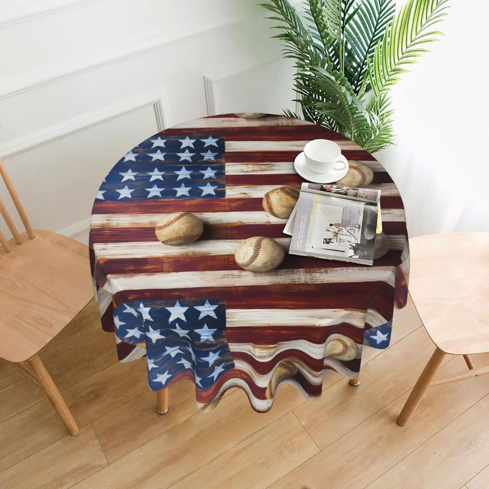 YYHWHJDE American flag and baseball Prints Round Decorative Tablecloth 60in - High-Grade Polyester Throw for Elegant Dining & Festive Gatherings