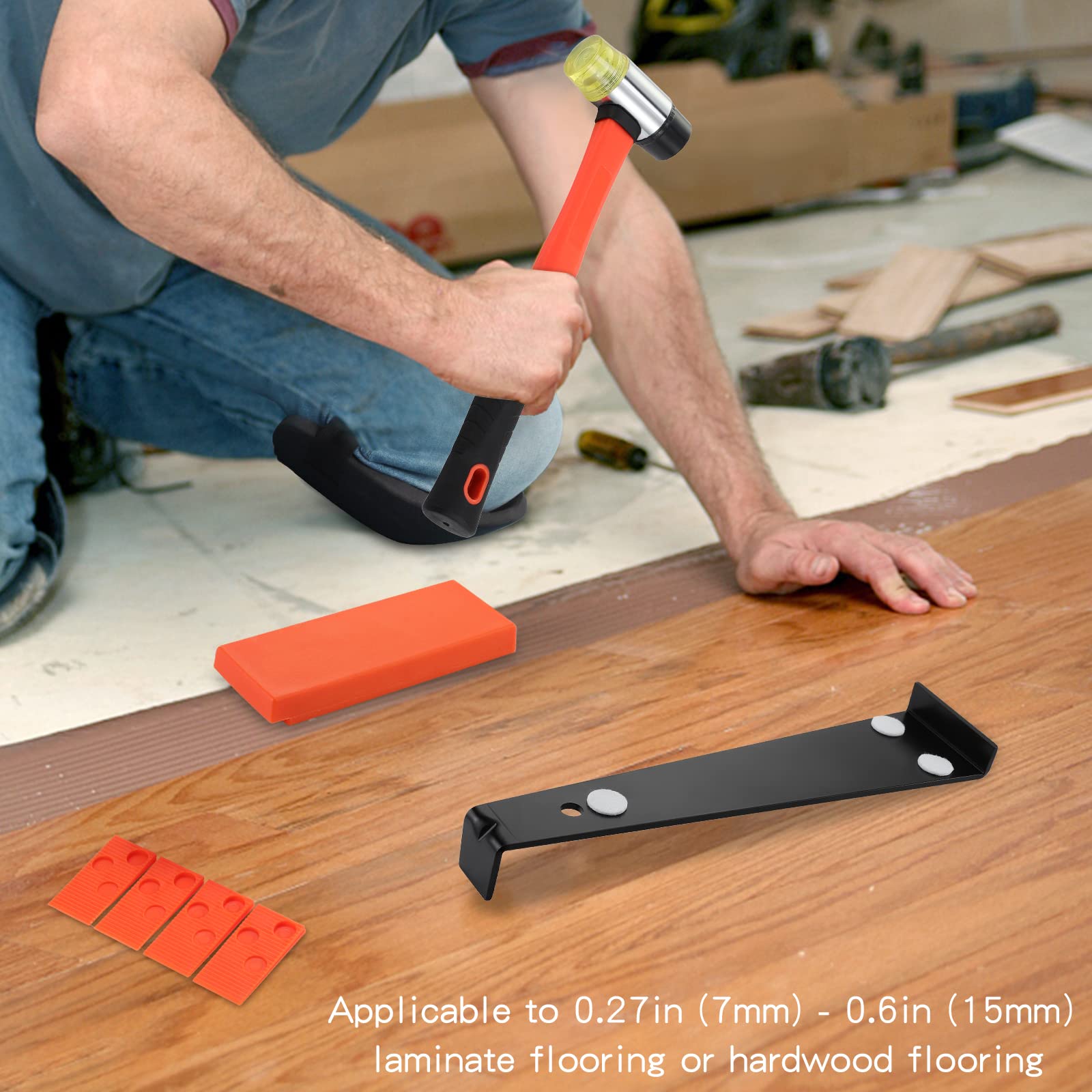 Kit de instalación de pisos de madera,Herramientas de montaje de pisos laminados,Kit de suelo con 40 espaciadores, Barra de tracción resistente, Bloque de roscado sólido, Mazo de doble cara