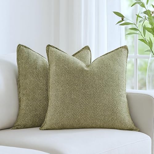 Sage Green Pillow Covers 16x16 Pack of 2 Chevron Weave Pattern Velvet Soft Chenille Zigzag Textured Pillowcases Modern Mid Century Elegant Herringbone Cushion Cases for Living Room Couch Sofa Bed