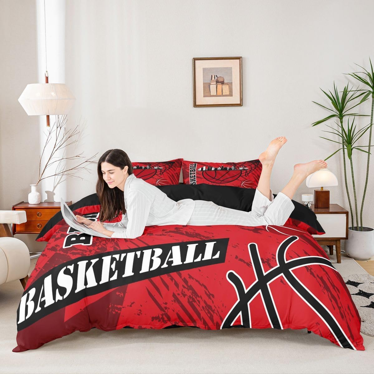 jejeloiu Basketball Duvet Cover Boys Girls Full Size Gaming Sports Bedding Set Women Men Basketball City Comforter Cover Ball Games Bedclothes Red Black