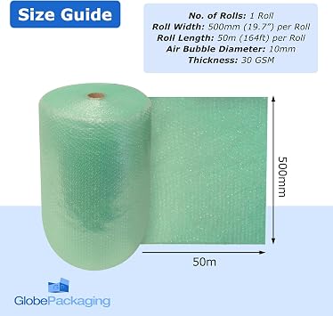 Globe Packaging 500mm x 50m Green Biodegradable Bubble Wrap Roll with Small Air Bubbles - Cushioning & Protection Packaging for Moving House, Ecommerce and Storage