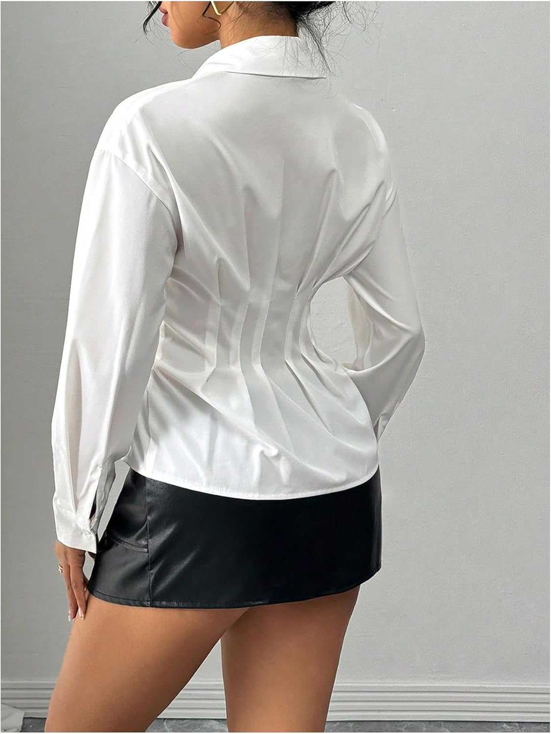 GORGLITTER Women's Pleated Cropped Button Down Shirt Long Sleeve Collared Work Office Dressy 2025 Fitted Blouse - Image 3