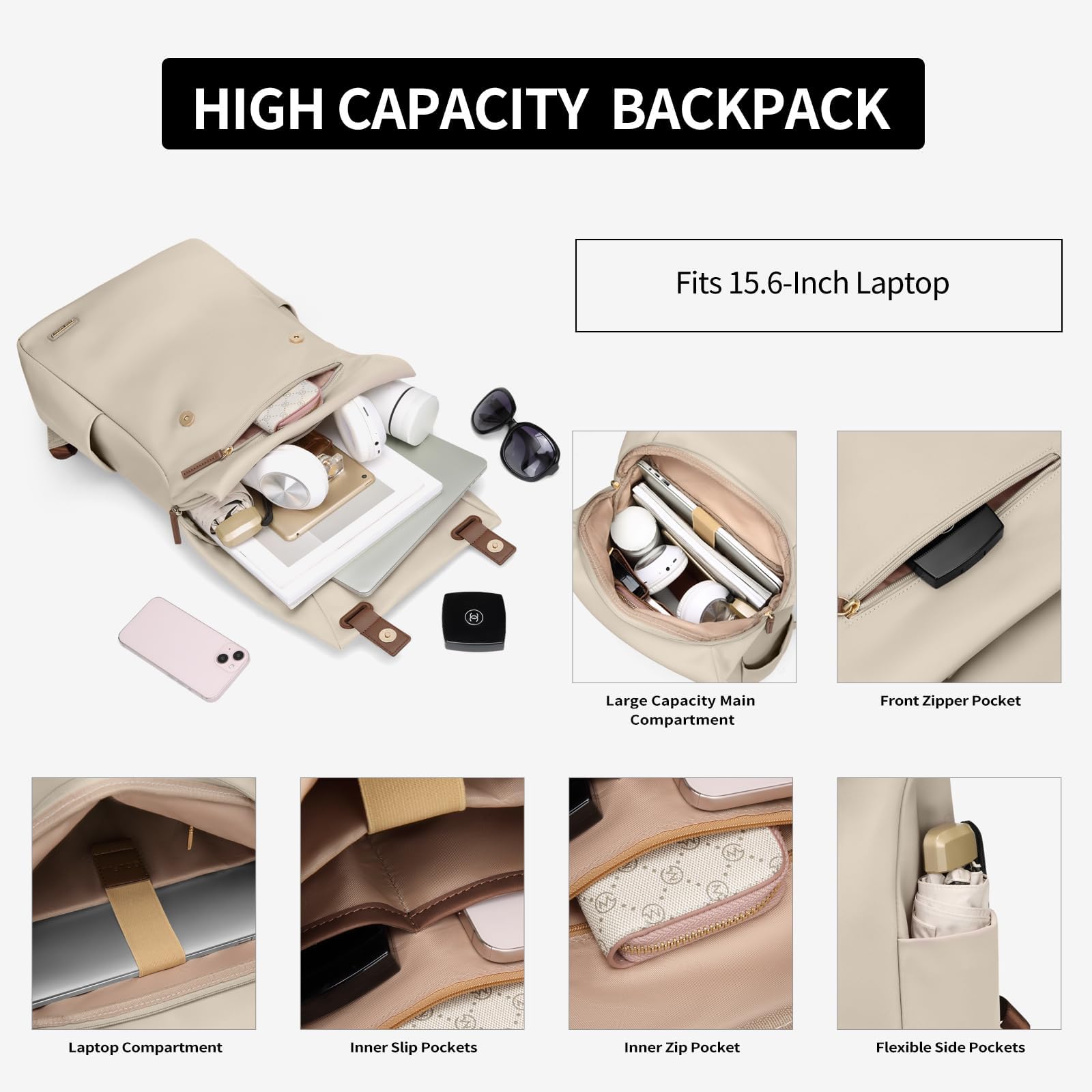 Sac à Dos Femme Ordinateur 15.6 Pouces Antivol - Backpack Loisir pour Voyage, École, Travail - Abricot