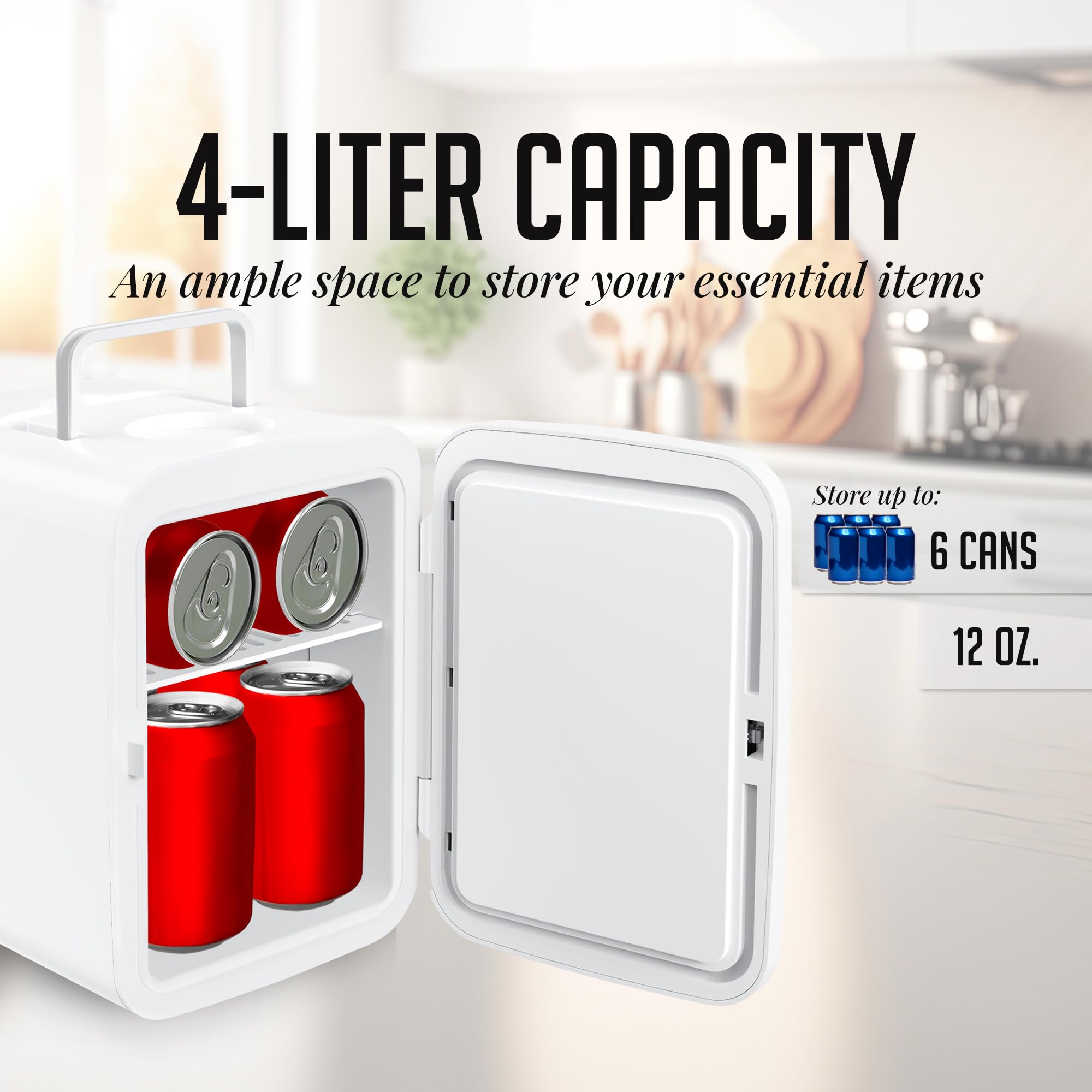 OVENTE Mini Fridge, 4L Capacity Fits 6 Can Beverages, Portable Personal Refrigerator and Small Cooler for Skin Care, Cosmetics or Food, Ideal for Bedroom, Home Office, Dorm and Car, White RF04W