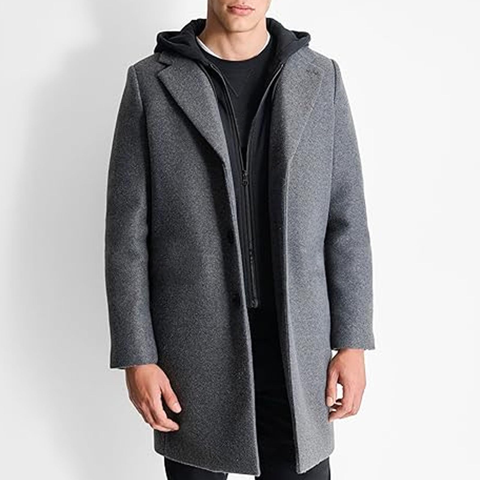 Gabardina larga térmica acolchada con capucha para hombre, ajuste delgado, grueso, resistente al viento, abrigo de guisante de un solo botonadura