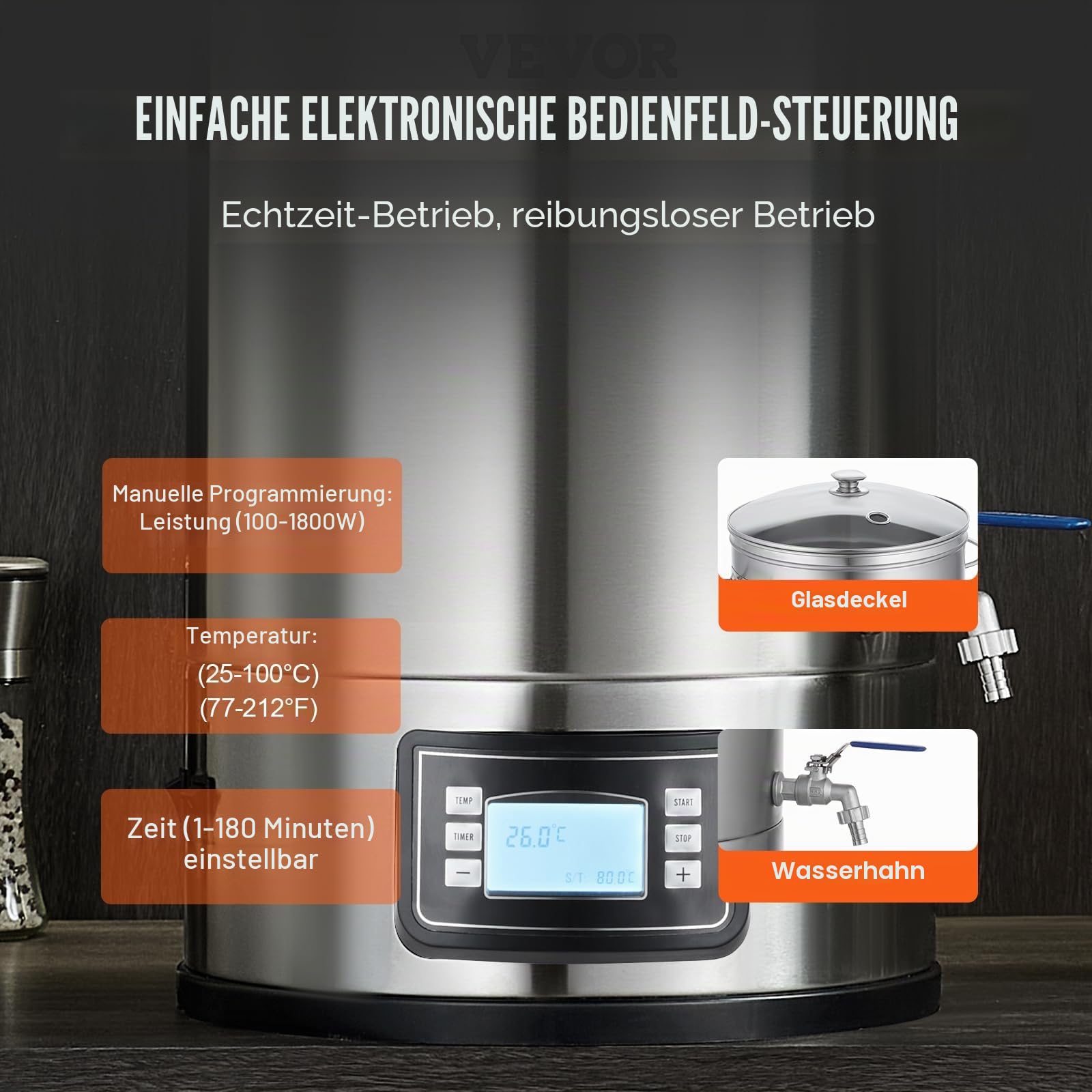 VEVOR Edelstahl Bierbrauanlage Wasserkocher 35 L, Wasserkocher zum Brauen, Heimbrauzubehör für Bier, Bierbraugerät Set inkl. Glasdeckel, Griff, Zapfhahn, Elektronische Bedienblende Gewerblich
