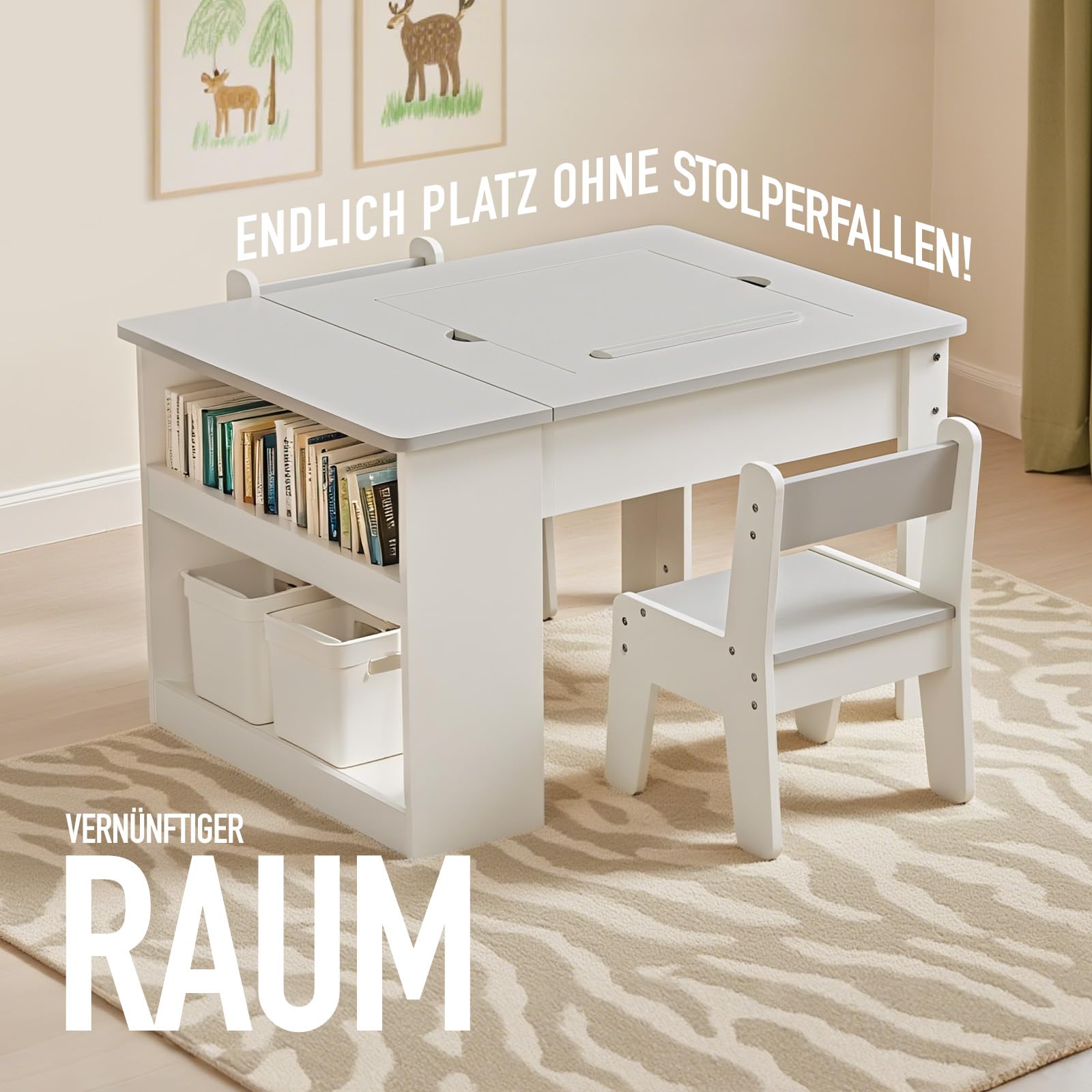 kindertisch mit 2 stühlen,Multifunktion Spielen Malen Lesen, 4 Wechselplatten, verstellbar & kippsicher, Stauraum, stabil bis 60kg, sicher ab 3 Jahre