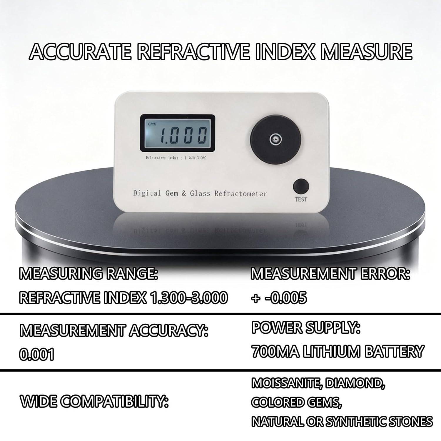 Gemstone Refractometer Digital with Wide 1.300-3.000 RI Range | High Accuracy 0.001 for Reliable Gem Identification | Rechargeable 700mAh Battery