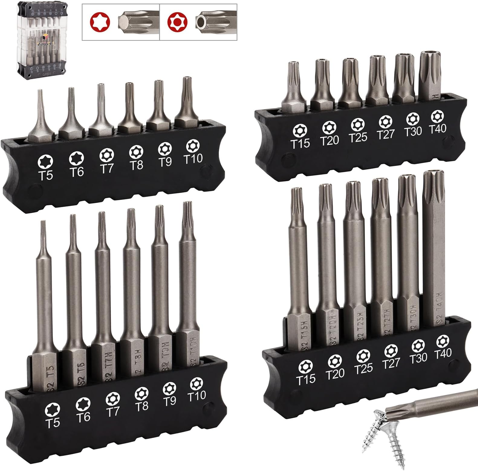 24Pcs Security Torx Bits from T5 to T40 1'' 2.3''Long Shank 1/4 Hex Tail S2 Steel Drill Bits Tamper Proof Bits Suitable for Power Driver Plastic Storing Case