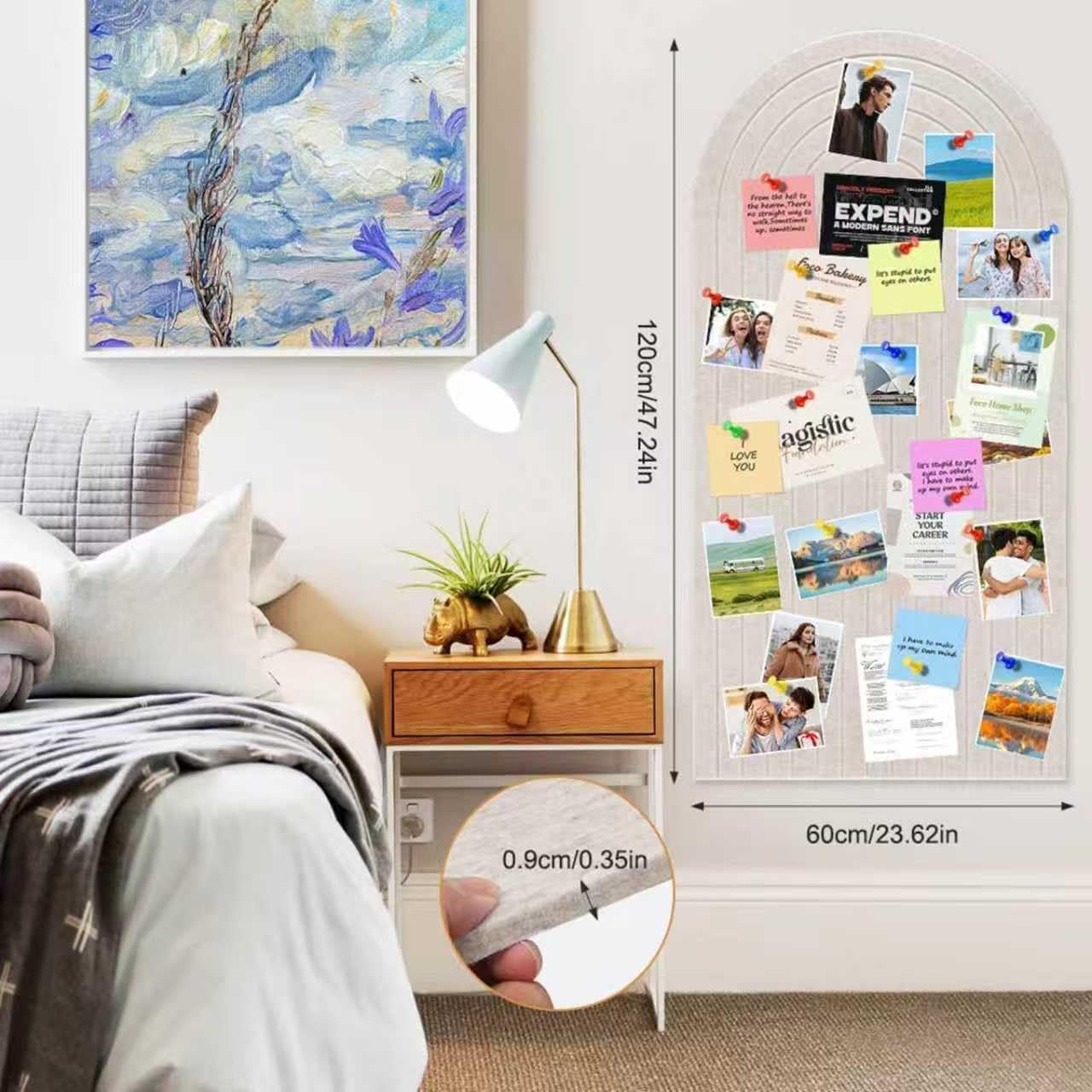 Large Felt Notice Board 47"x24" Arch-Shaped Push Pin Board with 35 Pushpins Cork Board Alternative Self-Adhesive Photo Panels for Office, Bedroom, Living Room, Photo Decorative Board