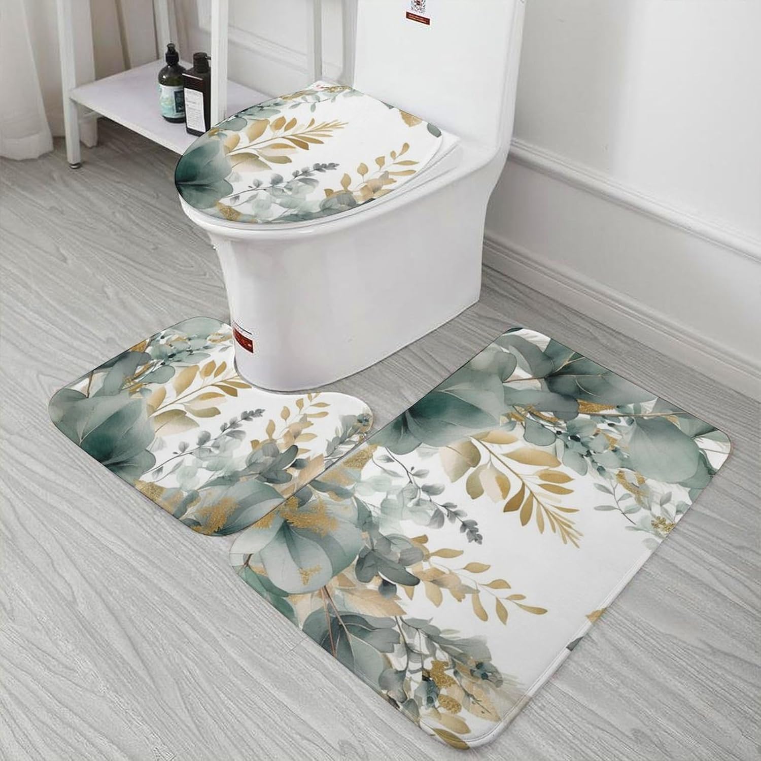 Anti-Skid Floor Mats 3 Piece Set,Gold and Green Leaves Printed Coral Fleece Bathroom Mats U-Shaped Contour Mat Toilet Seat Cover for Bathroom, Tub, Shower, Kitchen 19.7"x31.5"