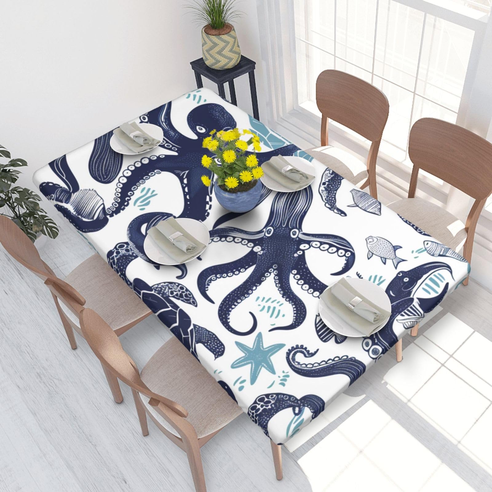 DCARSETCV Turtle Octopus Pattern Sea Theme Printed 4FT Waterproof Tablecloth with Elastic Edged Protect & Decor Your Table, Oil-proof Washable Table Cloth Cover for Dinner Picnic Party