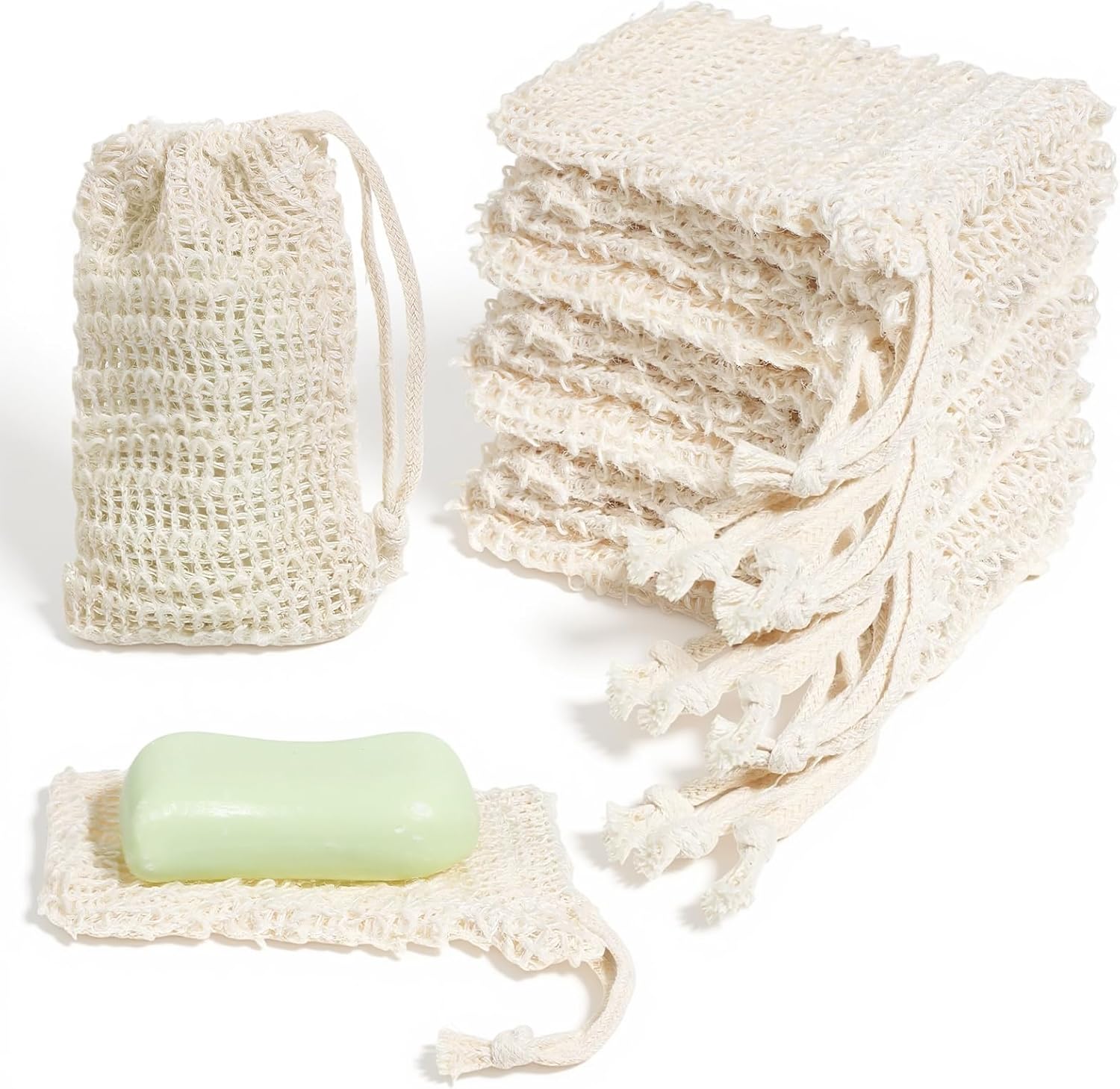 100PCS Sisal Soap Saver Bags, Natural Sisal Soap Exfoliating Bag with Drawstring, Reusable Mesh Foaming Soaps Pouch for Bath & Shower, Soaps Holder Drying Bag Savers