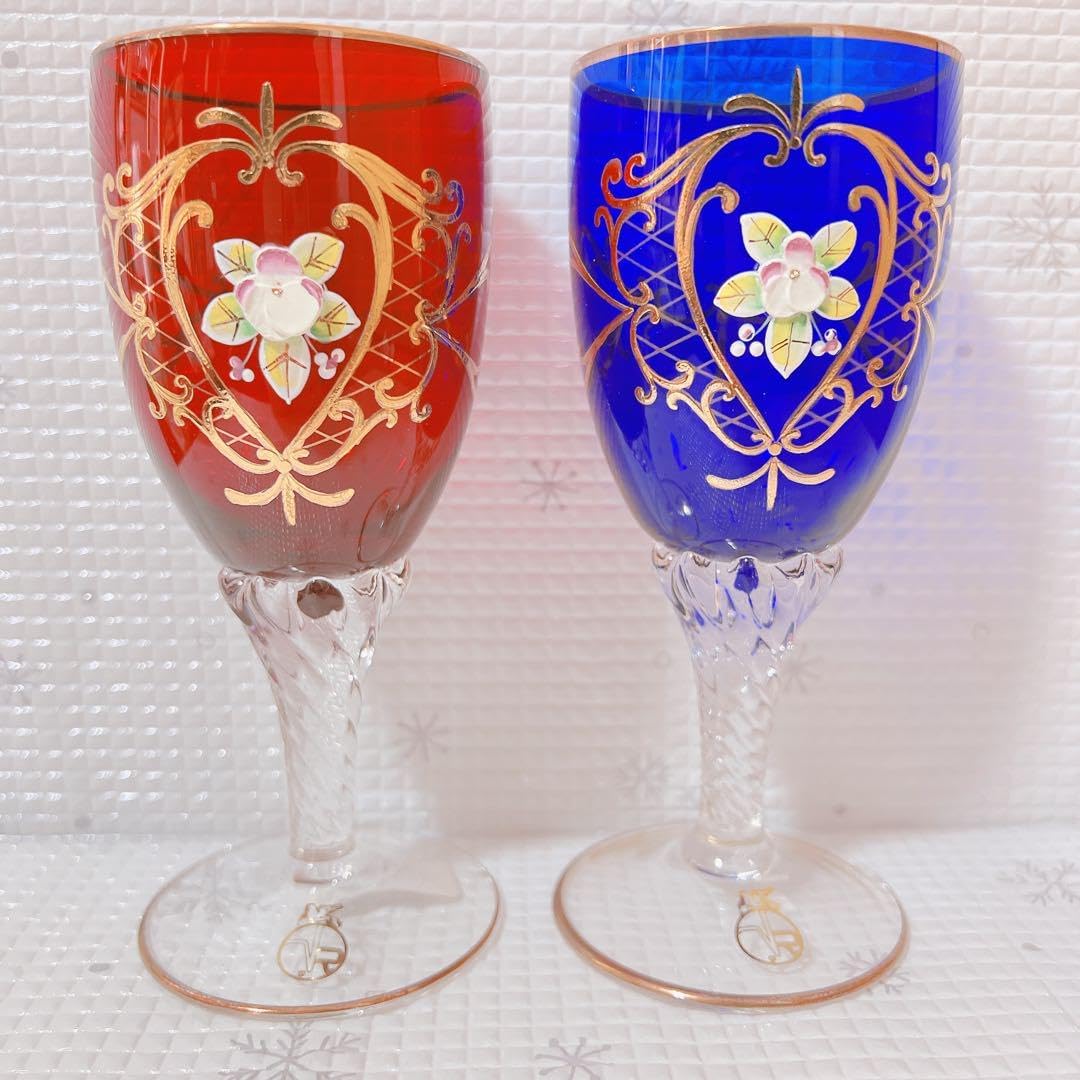 ヴェネチアワイングラス 2個 セット ムラーノ 赤青 ベネチアングラス
