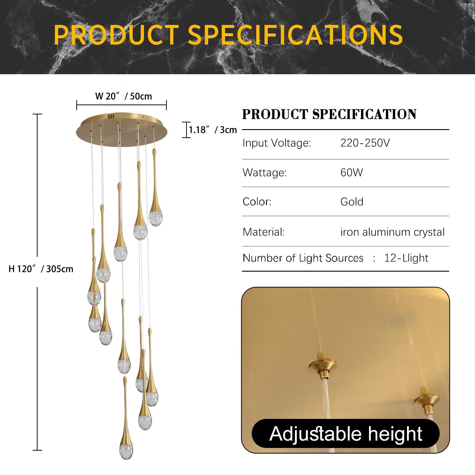 Candelabros colgantes de cristal de gota de agua de oro de 12 luces 120 '' / 305 cm Vestíbulos de techo alto Candelabros de entrada Escalera Gran burbuja de cristal 3000-6000K Dimmbale Accesorios