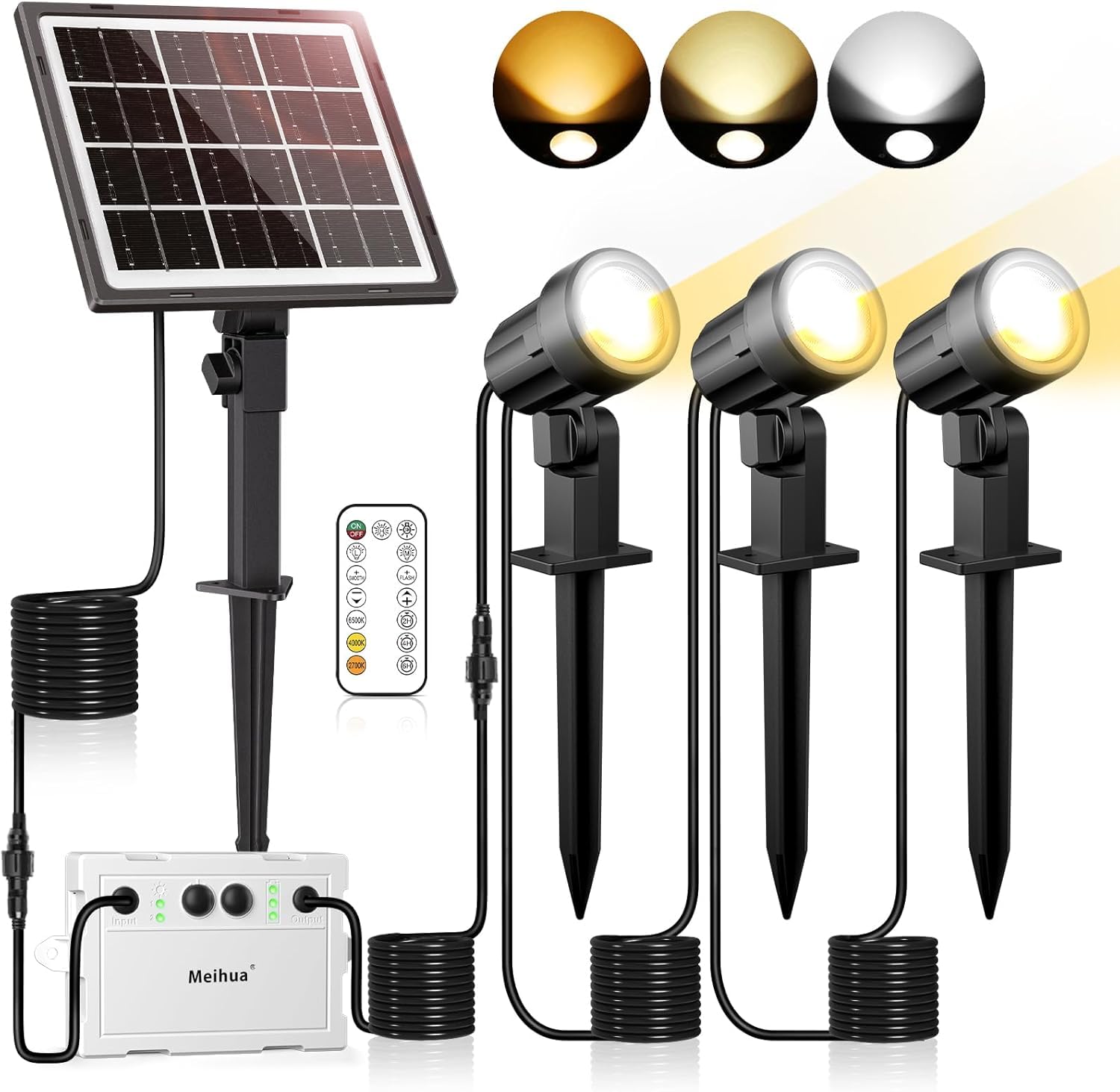 MEIHUA solarna lampa ogrodowa, 2700 K 4000K 6500K, 3 jasność, 2 tryby dynamiczne, lampa solarna, 3000 mAh, wodoszczelność IP66, solarne oświetlenie ogrodowe do ogrodów, patio, trawników, drzew 3 sztuk